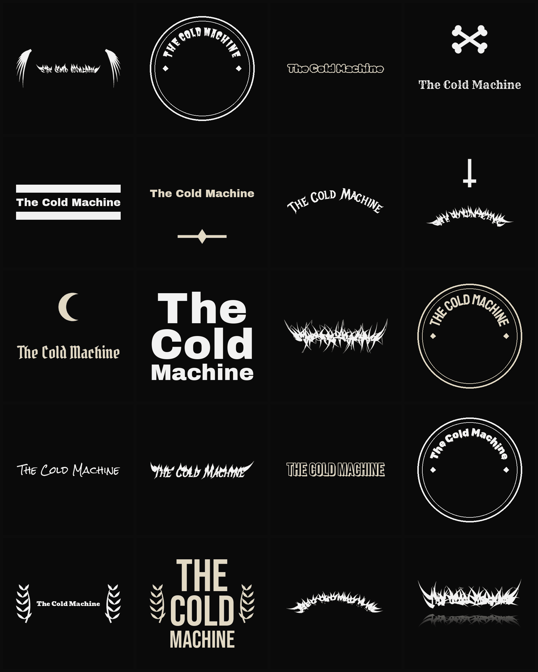 Twenty The Cold Machine band logo ideas — different faces, treatments and spike settings