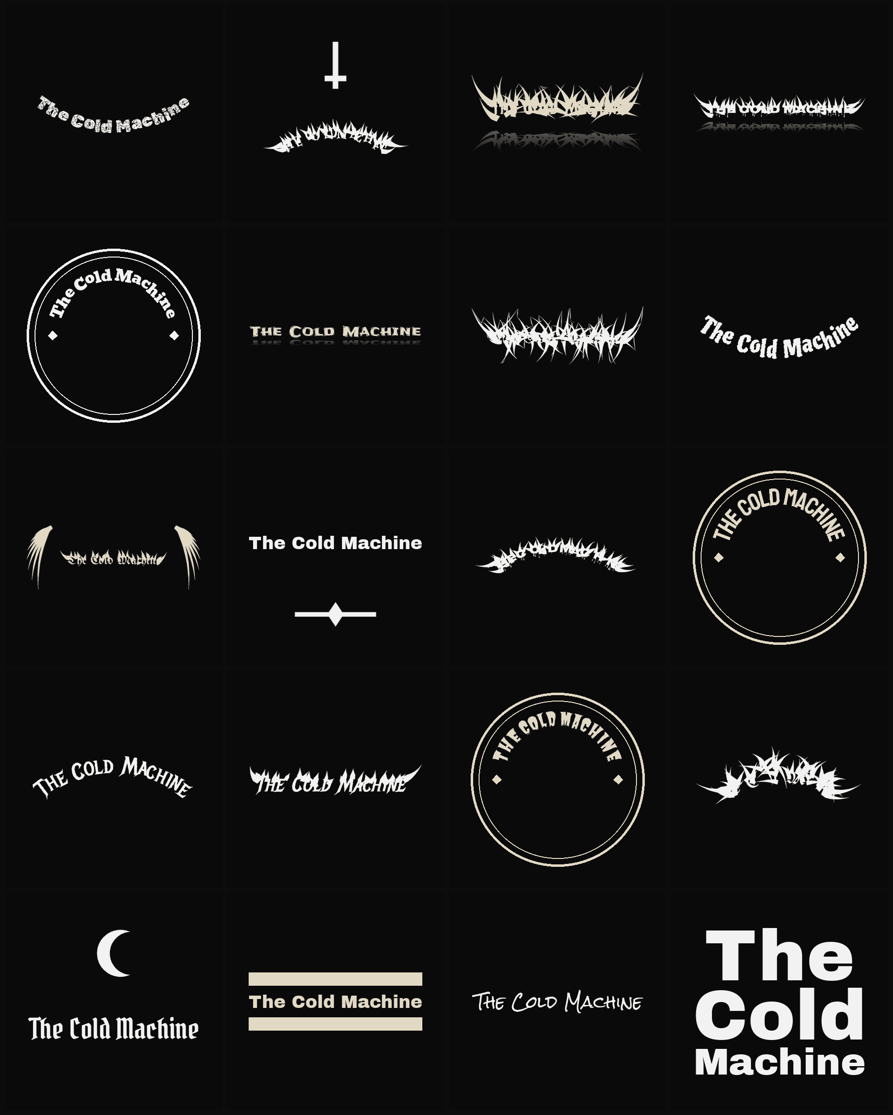 Twenty The Cold Machine band logo ideas — different faces, treatments and spike settings