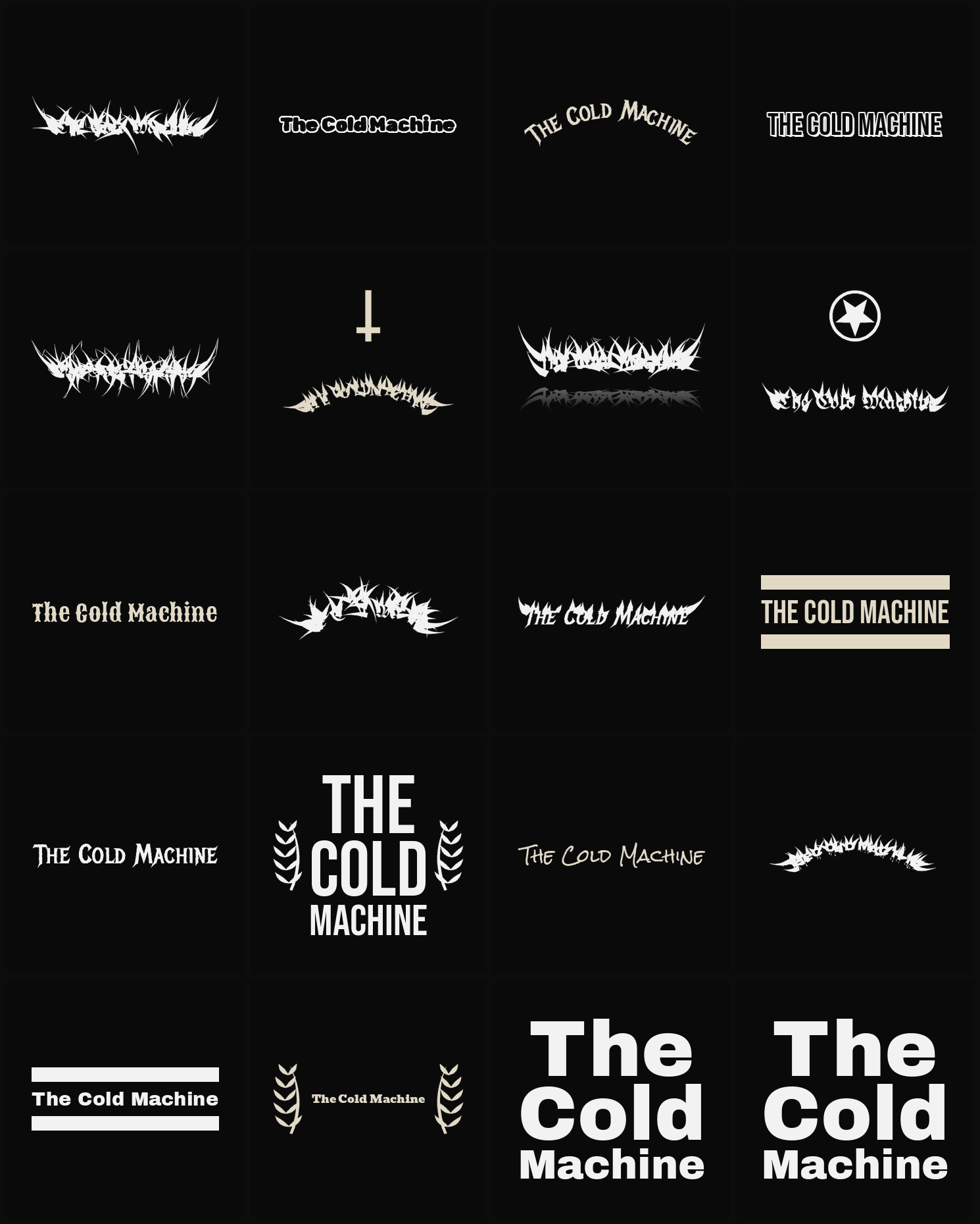 Twenty The Cold Machine band logo ideas — different faces, treatments and spike settings