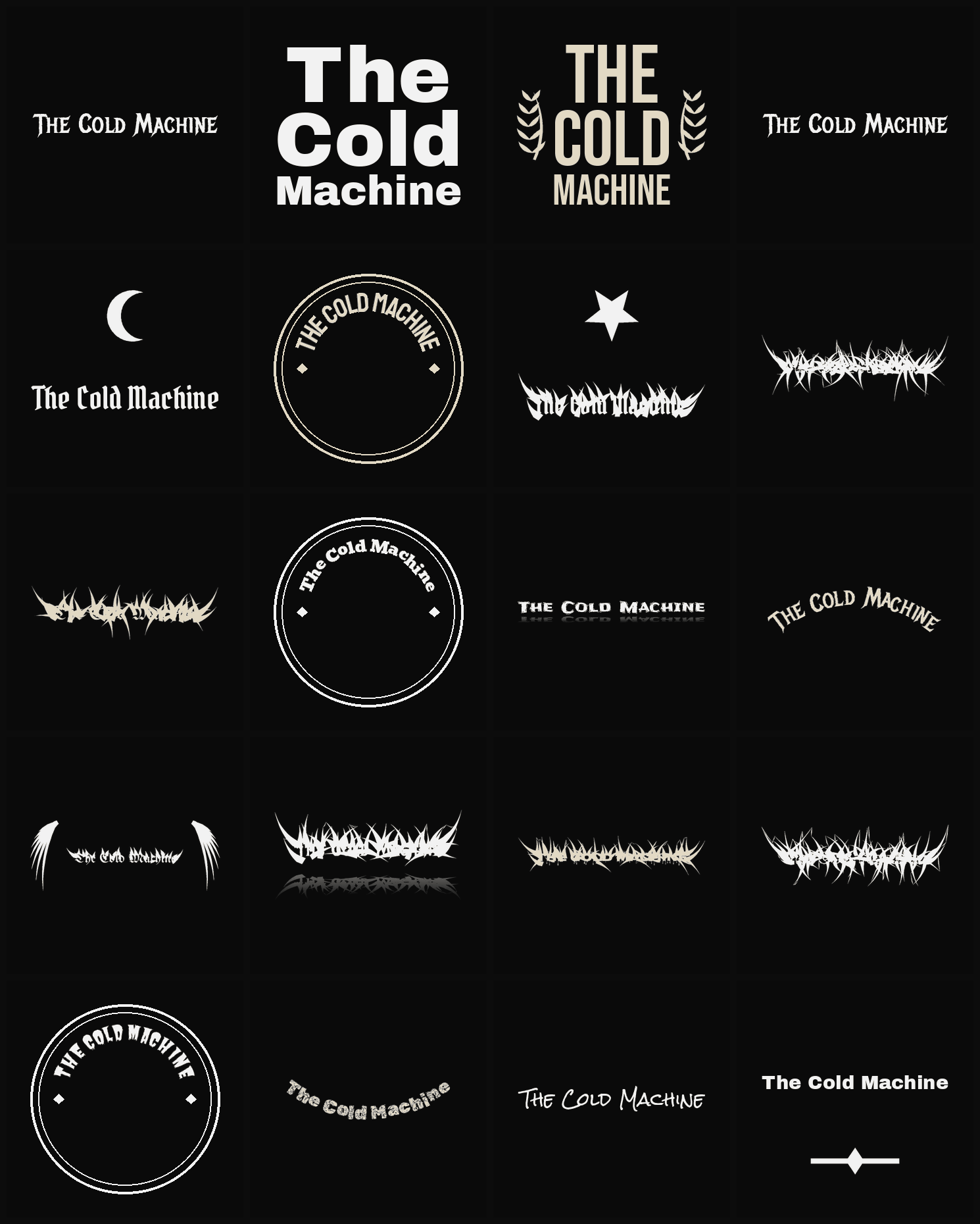 Twenty The Cold Machine band logo ideas — different faces, treatments and spike settings