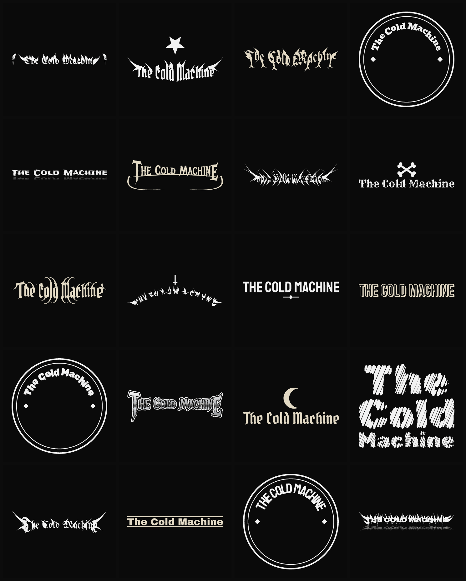 Twenty The Cold Machine band logo ideas — different faces, treatments and spike settings