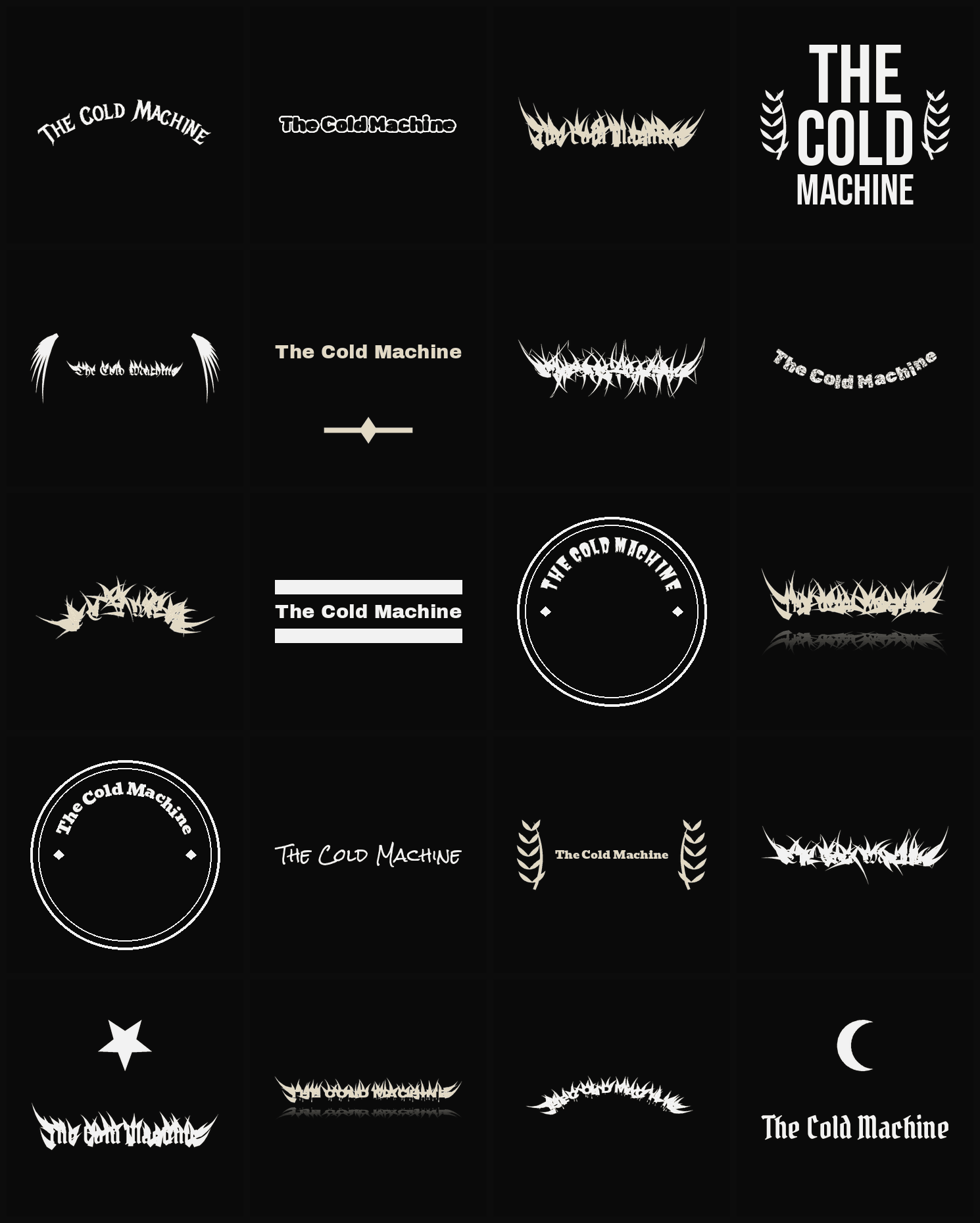 Twenty The Cold Machine band logo ideas — different faces, treatments and spike settings
