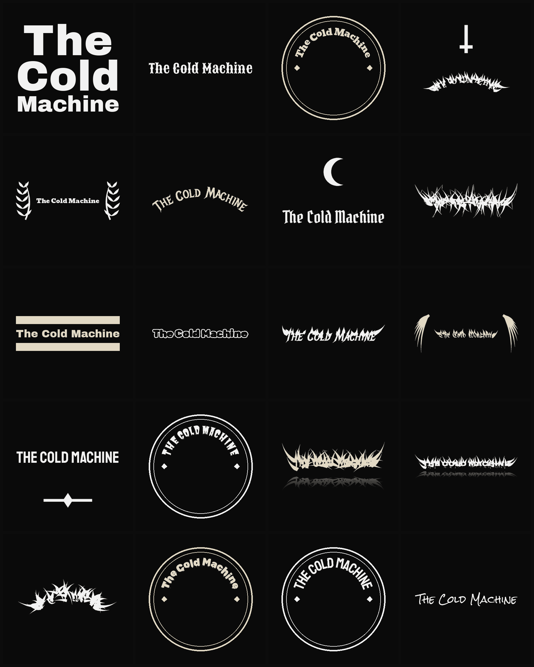 Twenty The Cold Machine band logo ideas — different faces, treatments and spike settings