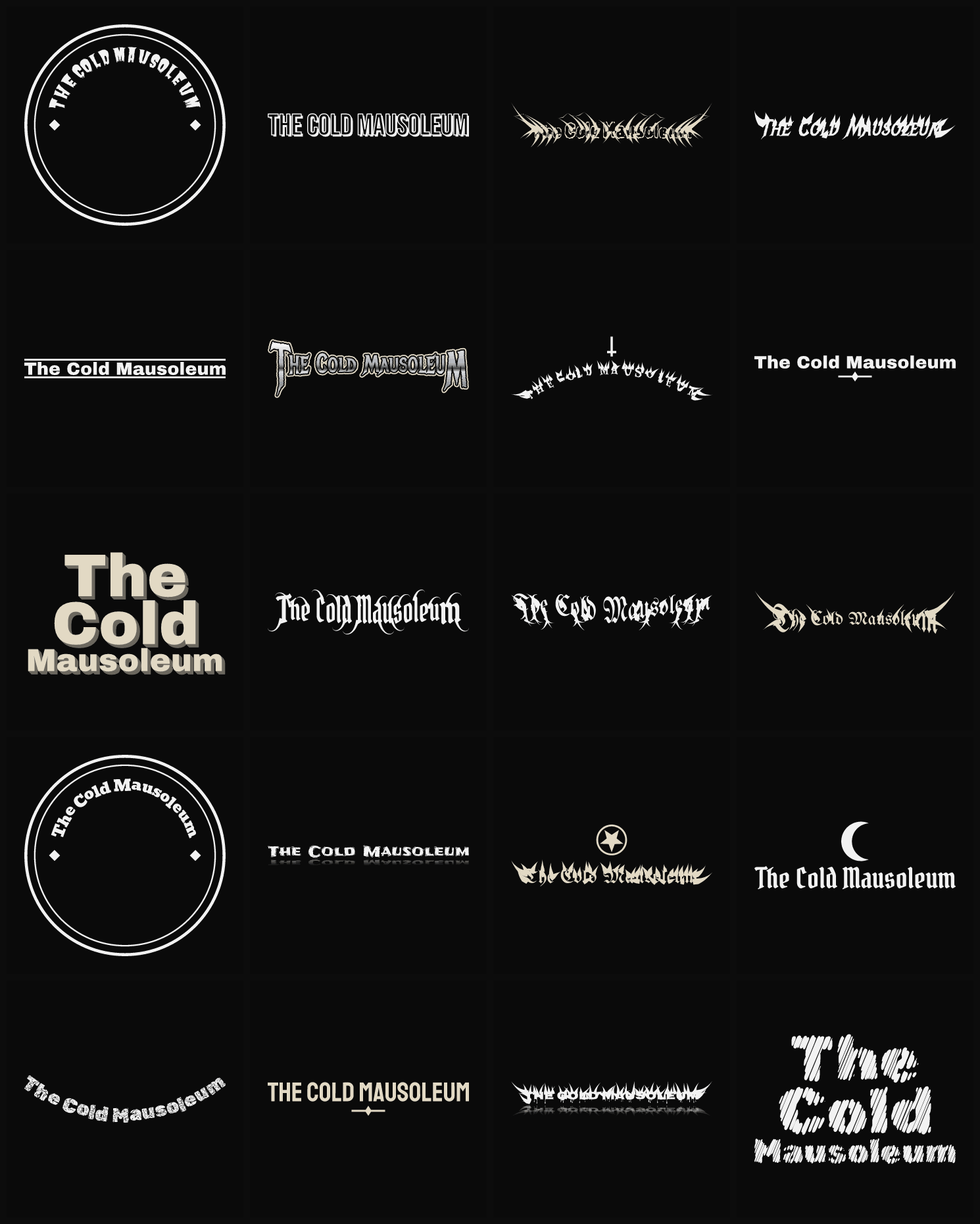 Twenty The Cold Mausoleum band logo ideas — different faces, treatments and spike settings
