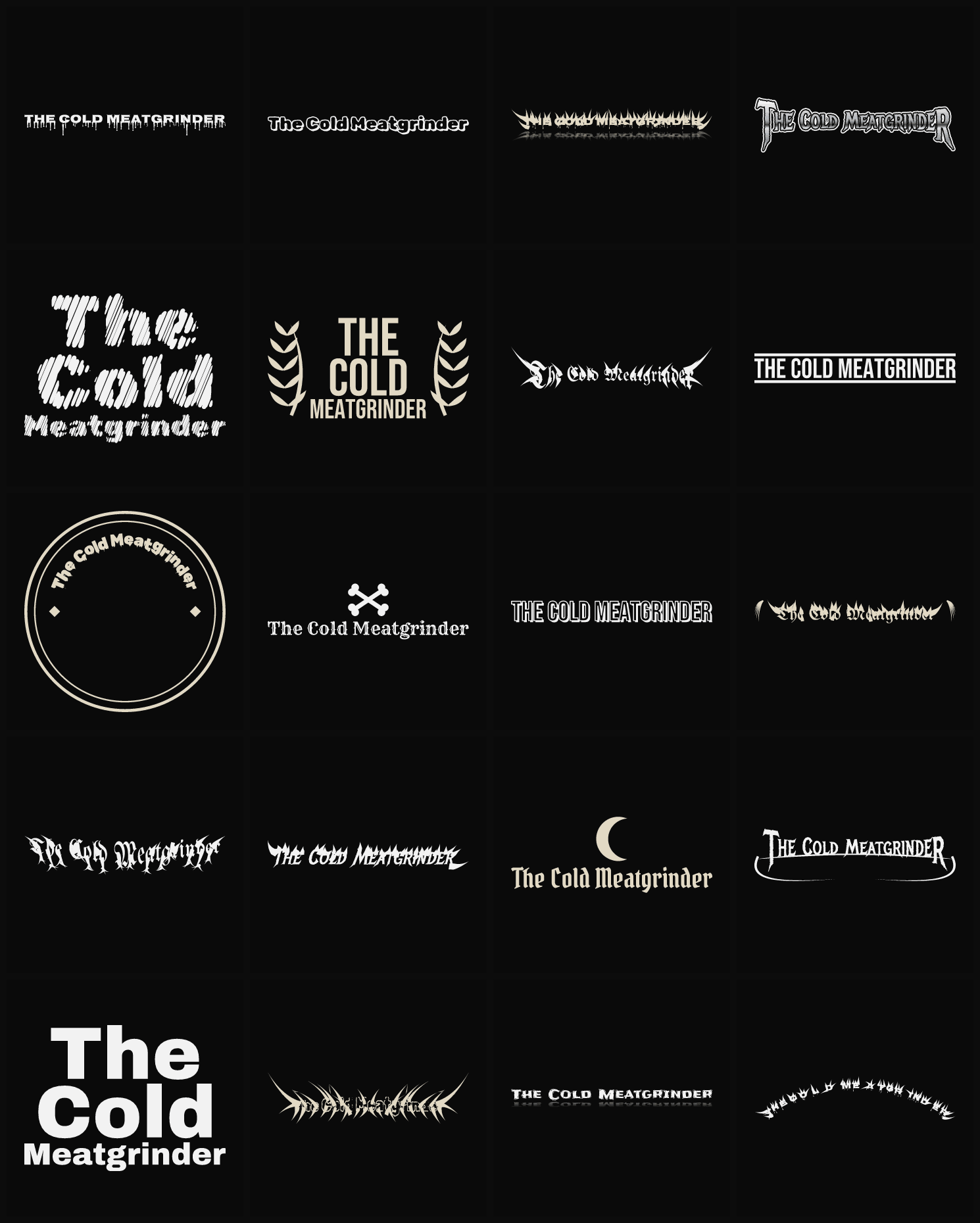 Twenty The Cold Meatgrinder band logo ideas — different faces, treatments and spike settings