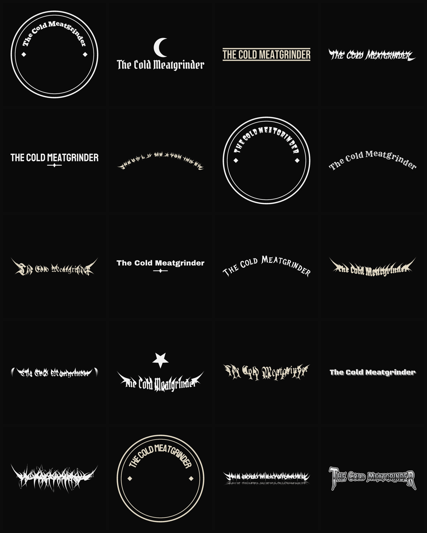 Twenty The Cold Meatgrinder band logo ideas — different faces, treatments and spike settings