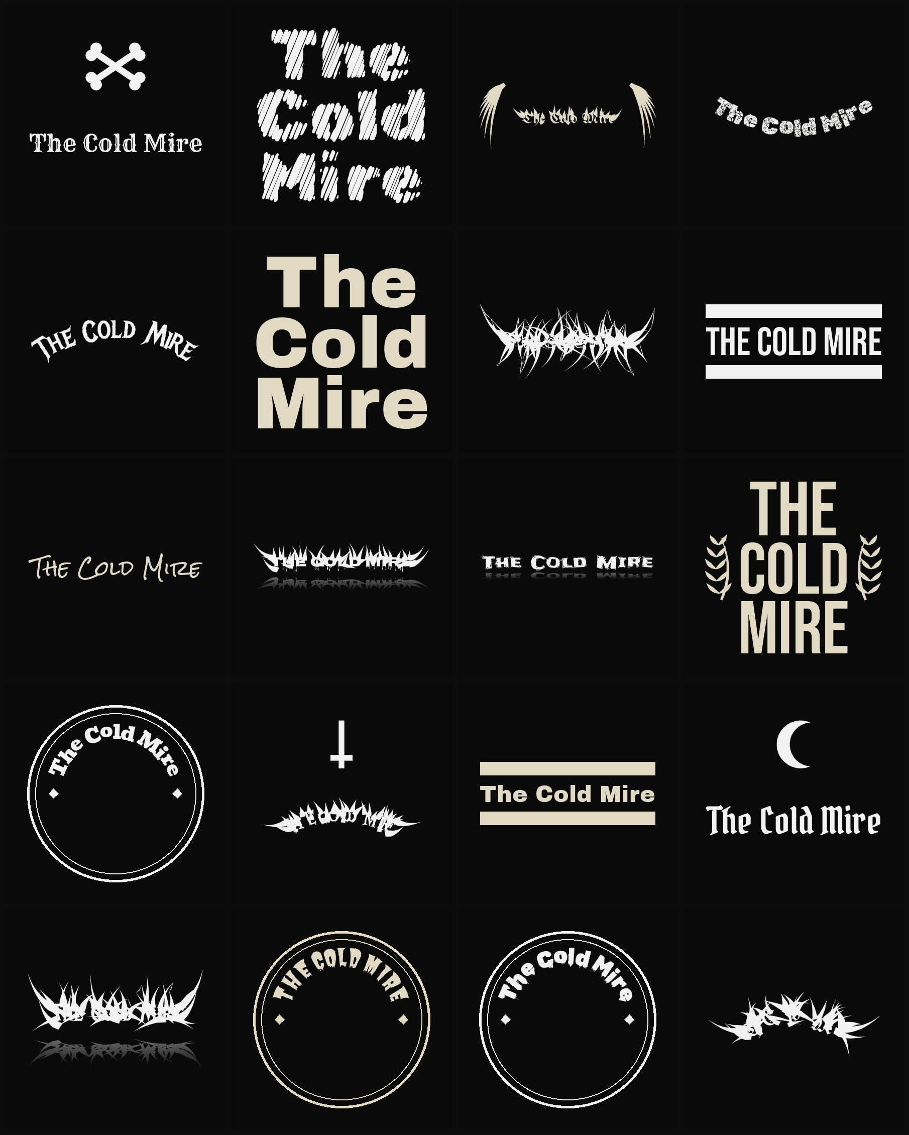 Twenty The Cold Mire band logo ideas — different faces, treatments and spike settings