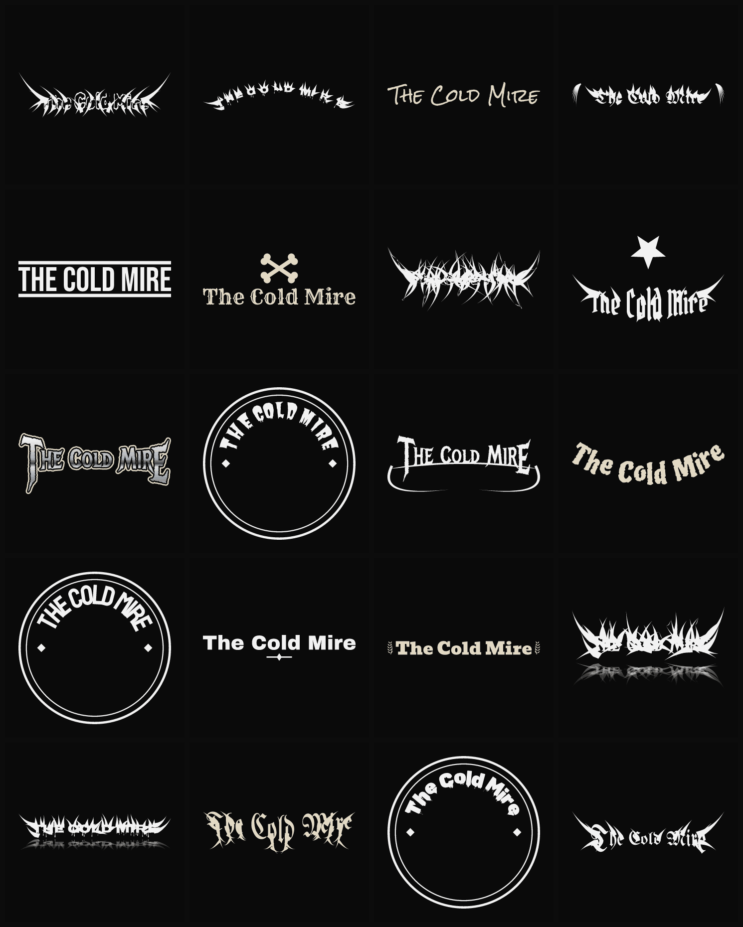 Twenty The Cold Mire band logo ideas — different faces, treatments and spike settings
