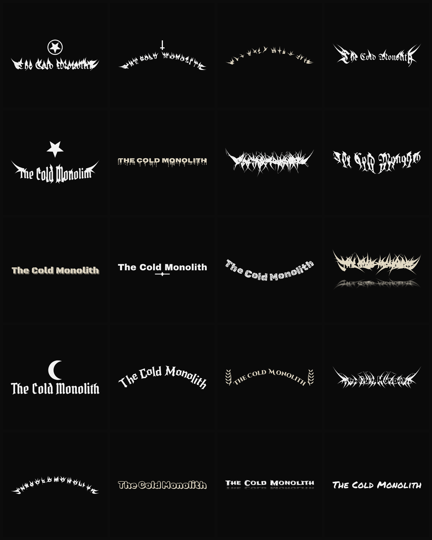 Twenty The Cold Monolith band logo ideas — different faces, treatments and spike settings