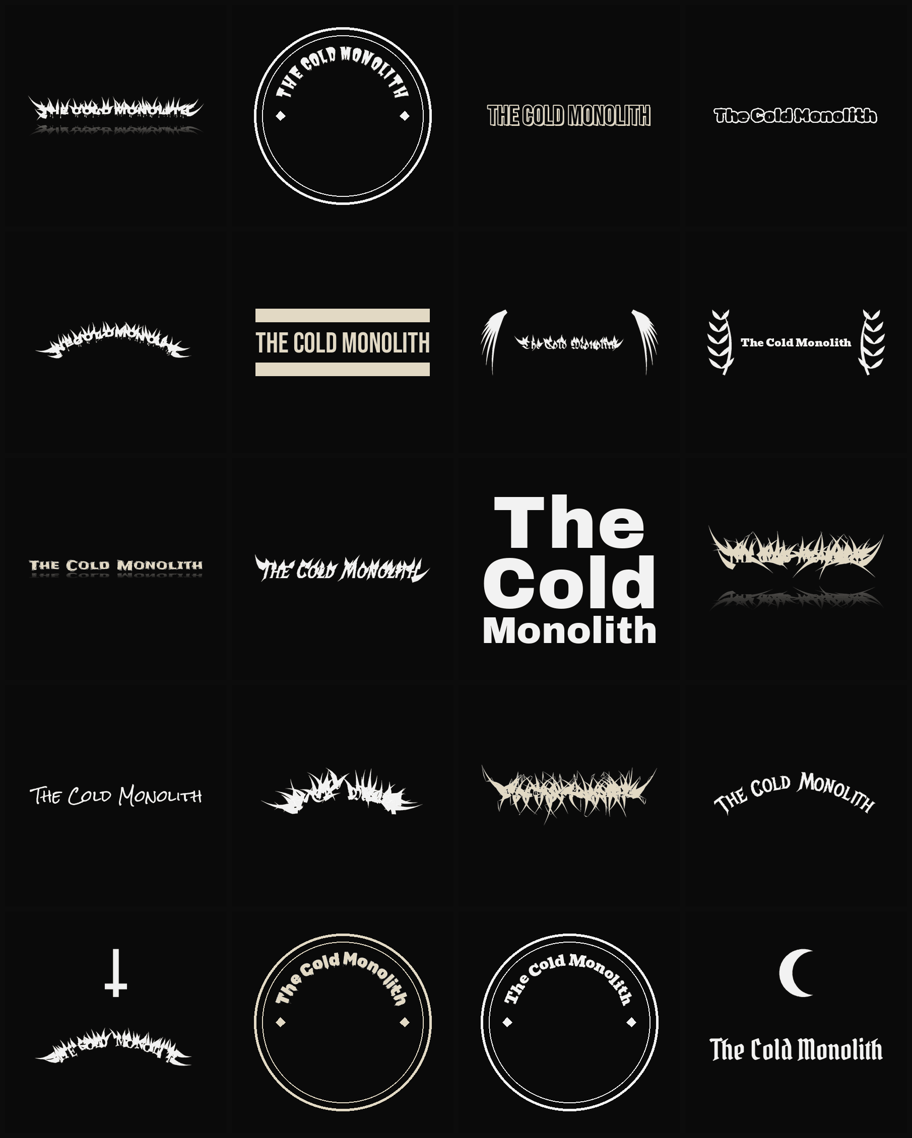 Twenty The Cold Monolith band logo ideas — different faces, treatments and spike settings