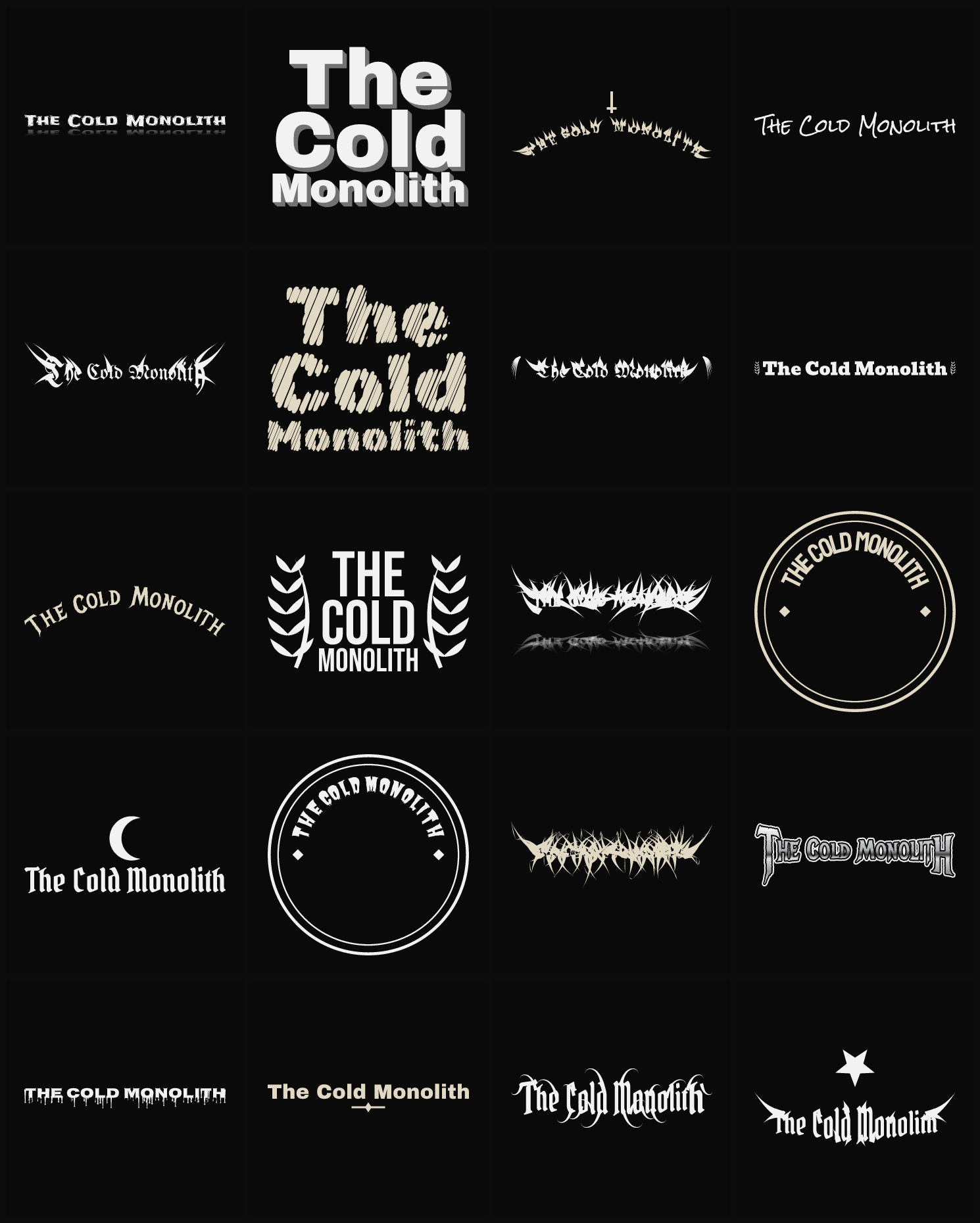 Twenty The Cold Monolith band logo ideas — different faces, treatments and spike settings