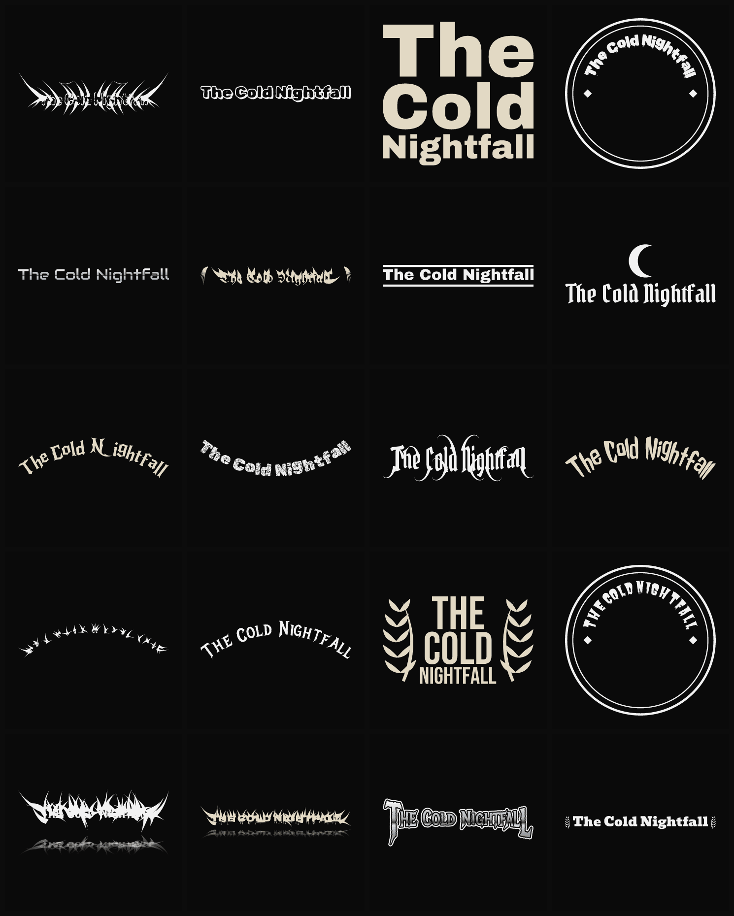Twenty The Cold Nightfall band logo ideas — different faces, treatments and spike settings