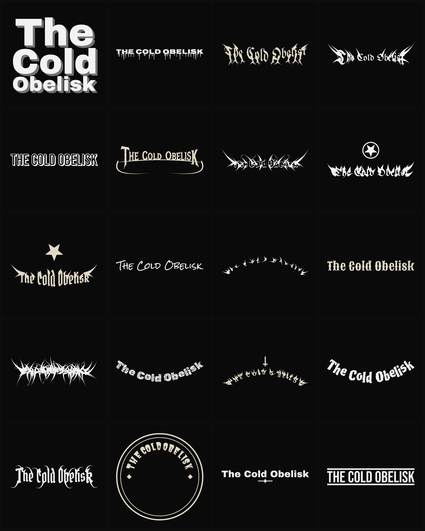 Twenty The Cold Obelisk band logo ideas — different faces, treatments and spike settings