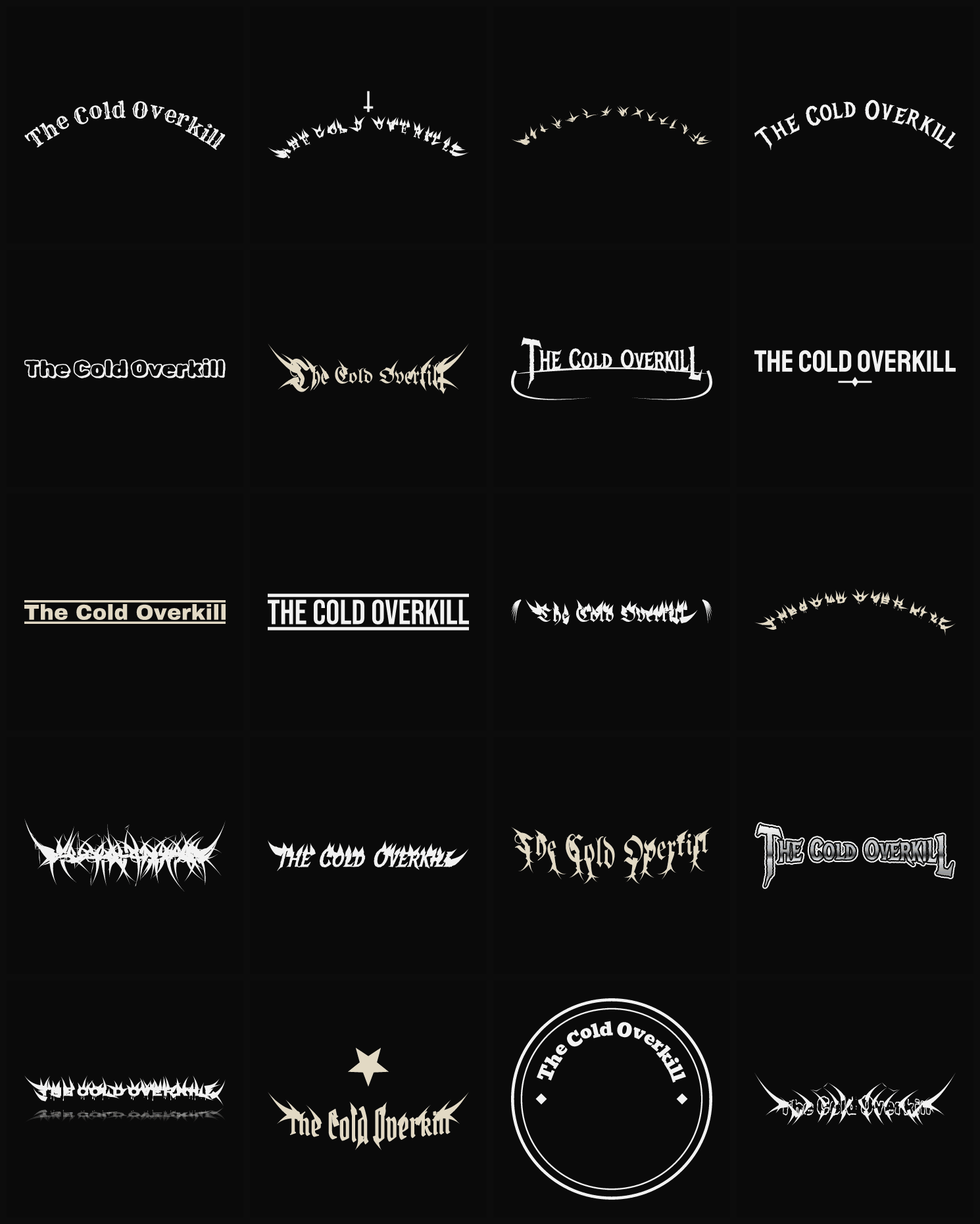 Twenty The Cold Overkill band logo ideas — different faces, treatments and spike settings