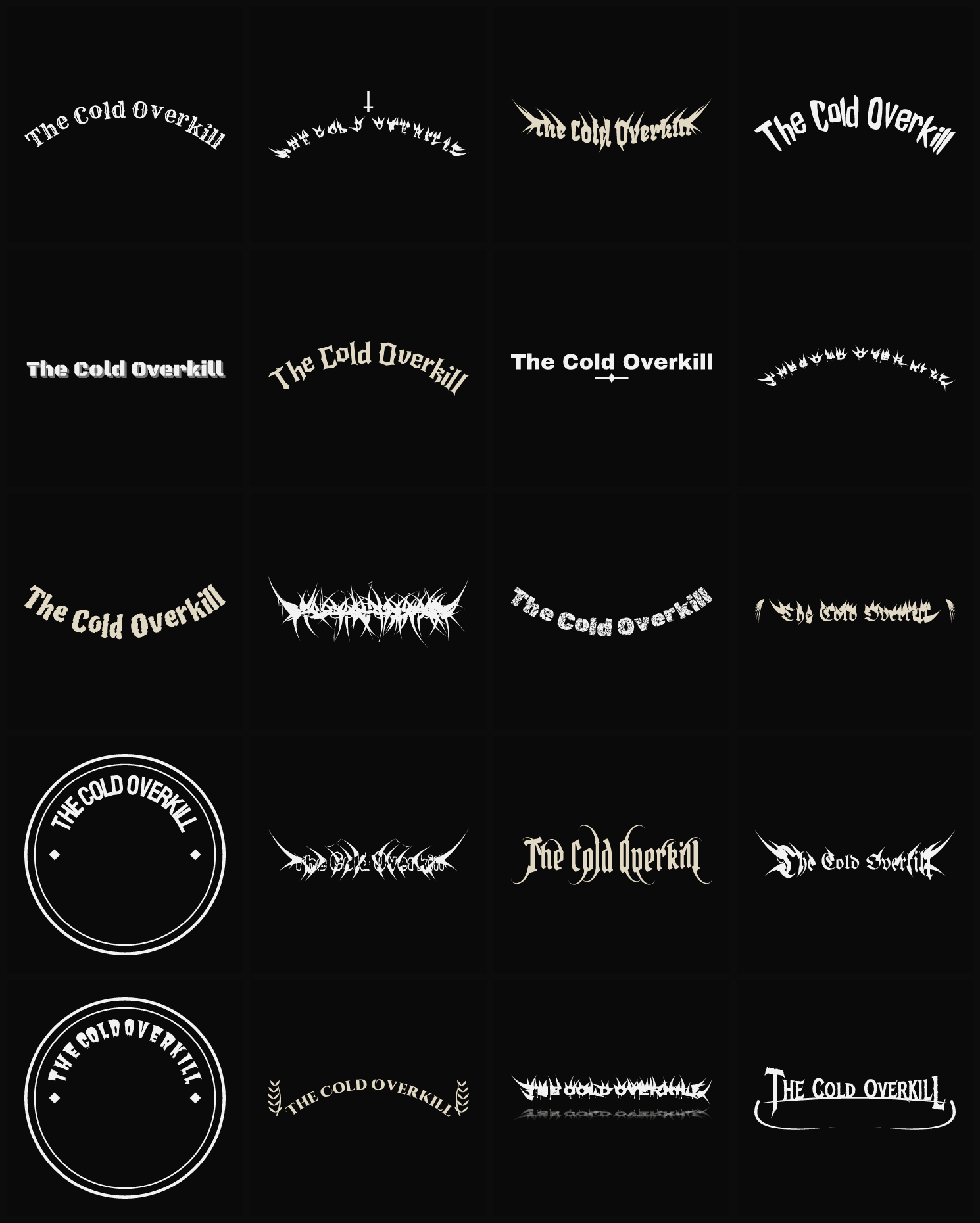 Twenty The Cold Overkill band logo ideas — different faces, treatments and spike settings