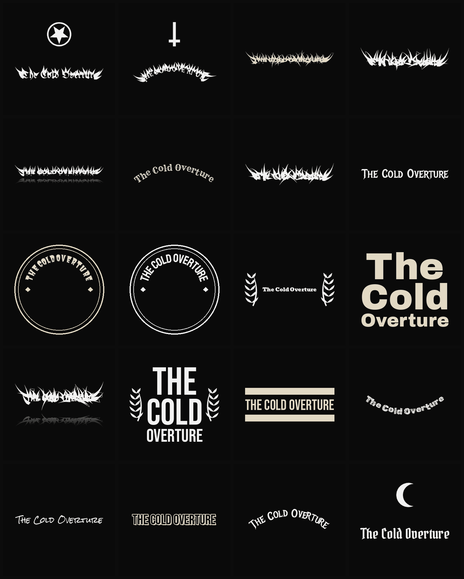 Twenty The Cold Overture band logo ideas — different faces, treatments and spike settings