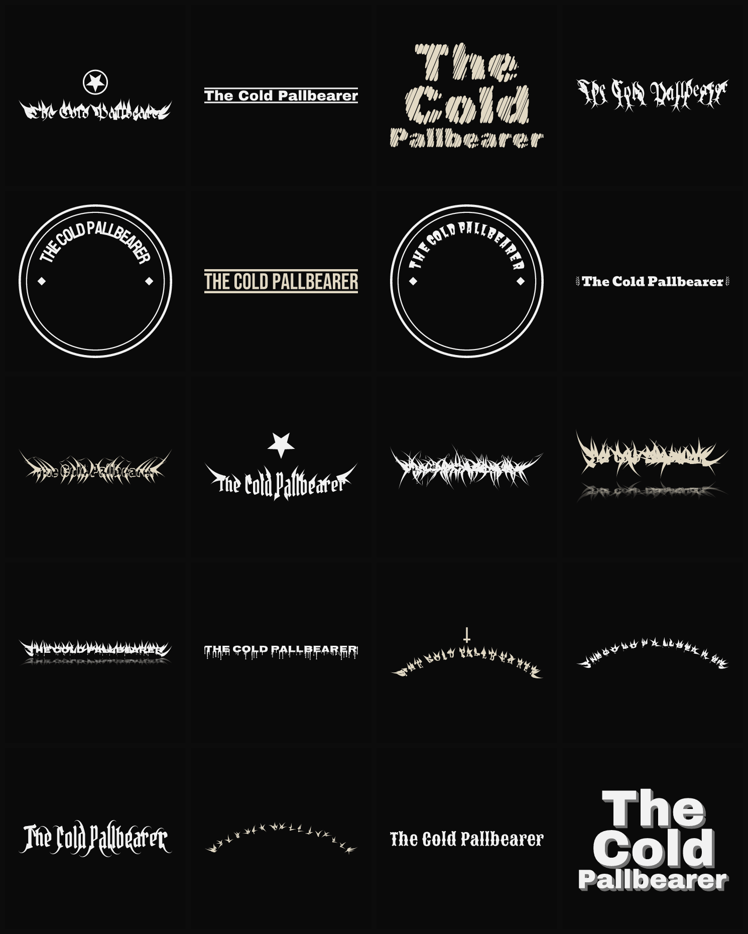 Twenty The Cold Pallbearer band logo ideas — different faces, treatments and spike settings