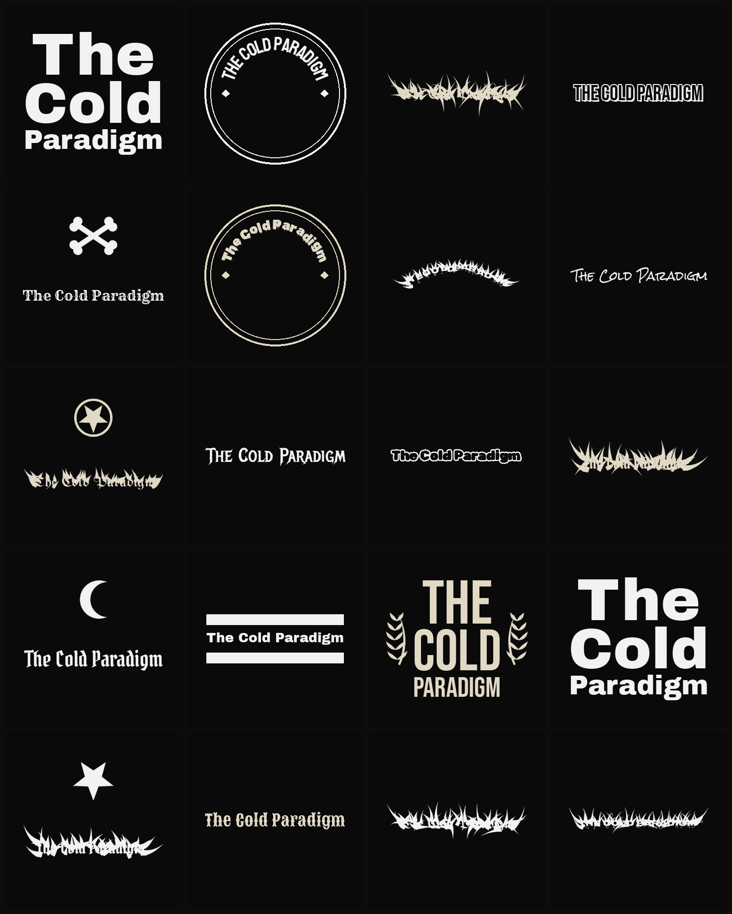 Twenty The Cold Paradigm band logo ideas — different faces, treatments and spike settings