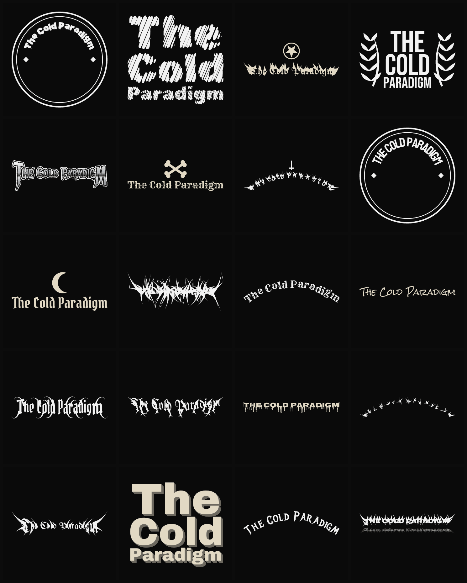 Twenty The Cold Paradigm band logo ideas — different faces, treatments and spike settings