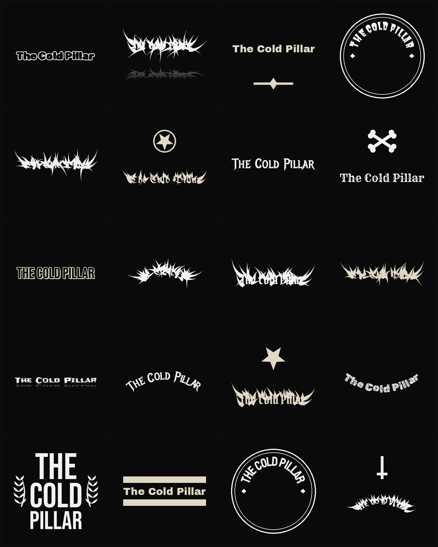 Twenty The Cold Pillar band logo ideas — different faces, treatments and spike settings