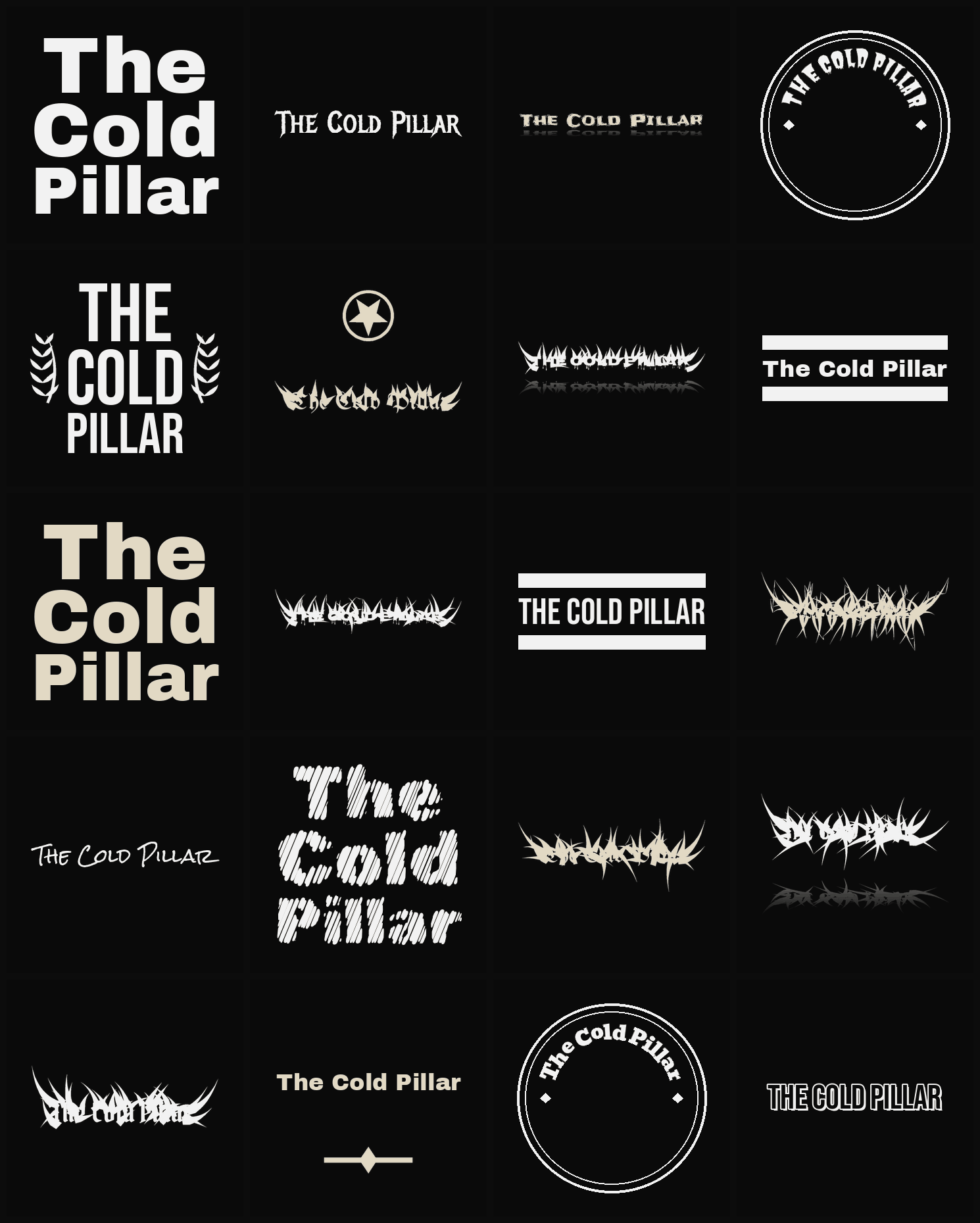 Twenty The Cold Pillar band logo ideas — different faces, treatments and spike settings