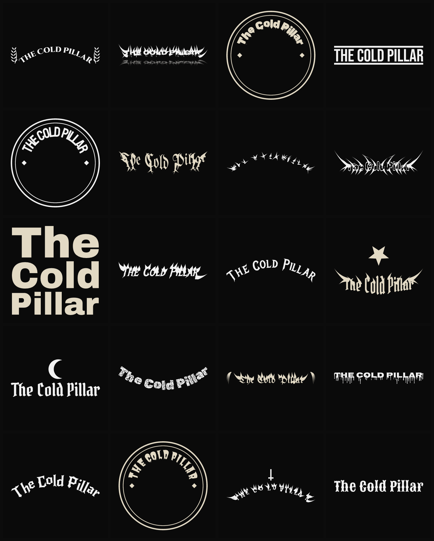 Twenty The Cold Pillar band logo ideas — different faces, treatments and spike settings