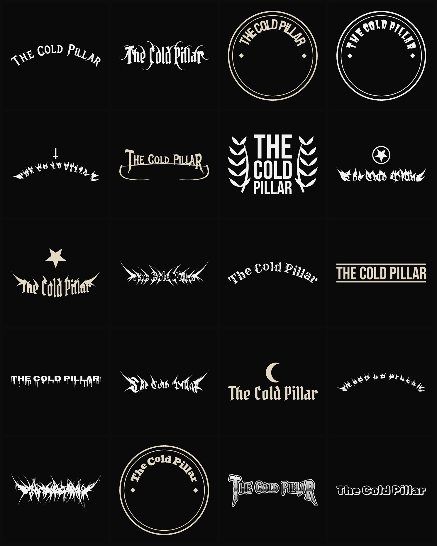 Twenty The Cold Pillar band logo ideas — different faces, treatments and spike settings