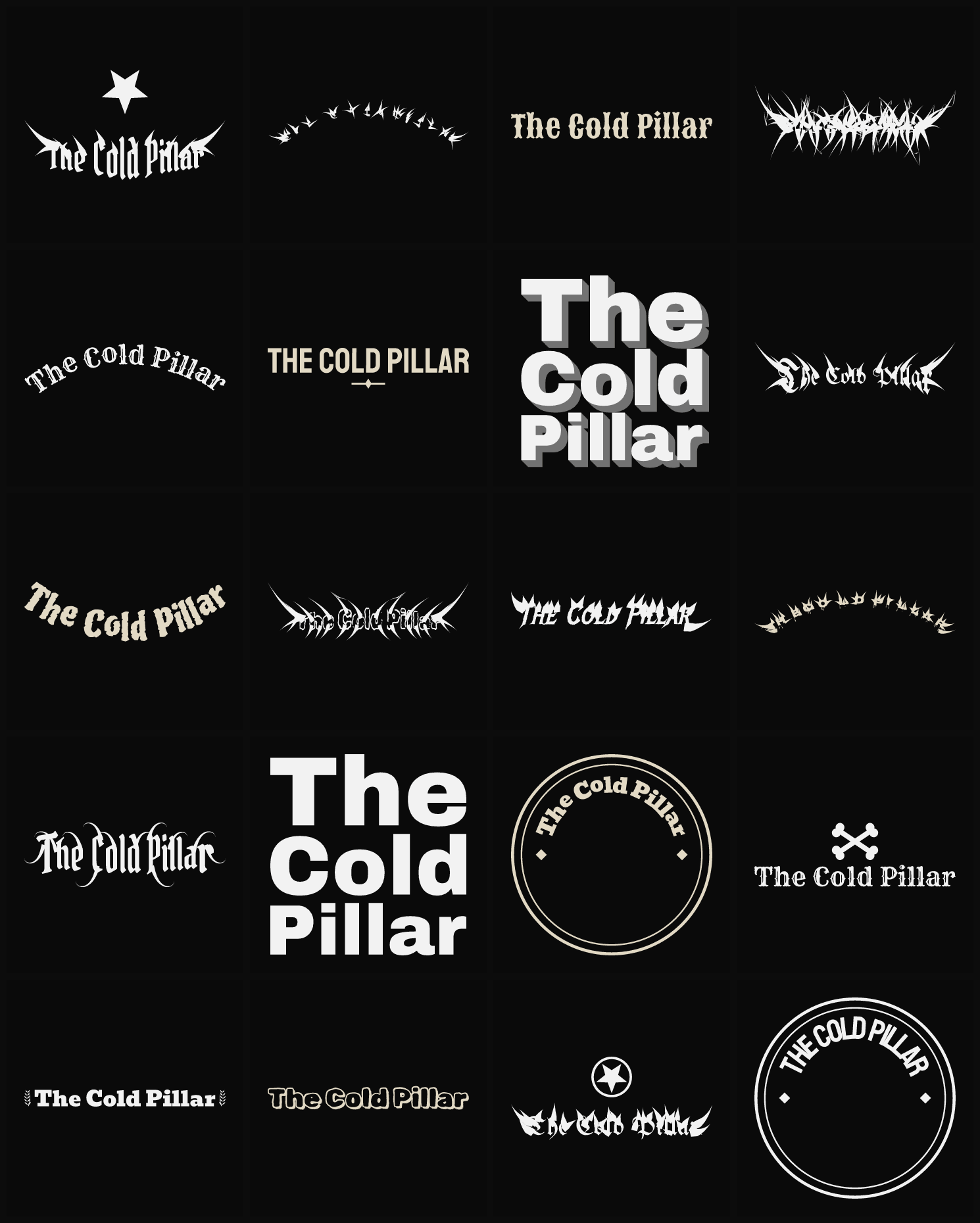 Twenty The Cold Pillar band logo ideas — different faces, treatments and spike settings
