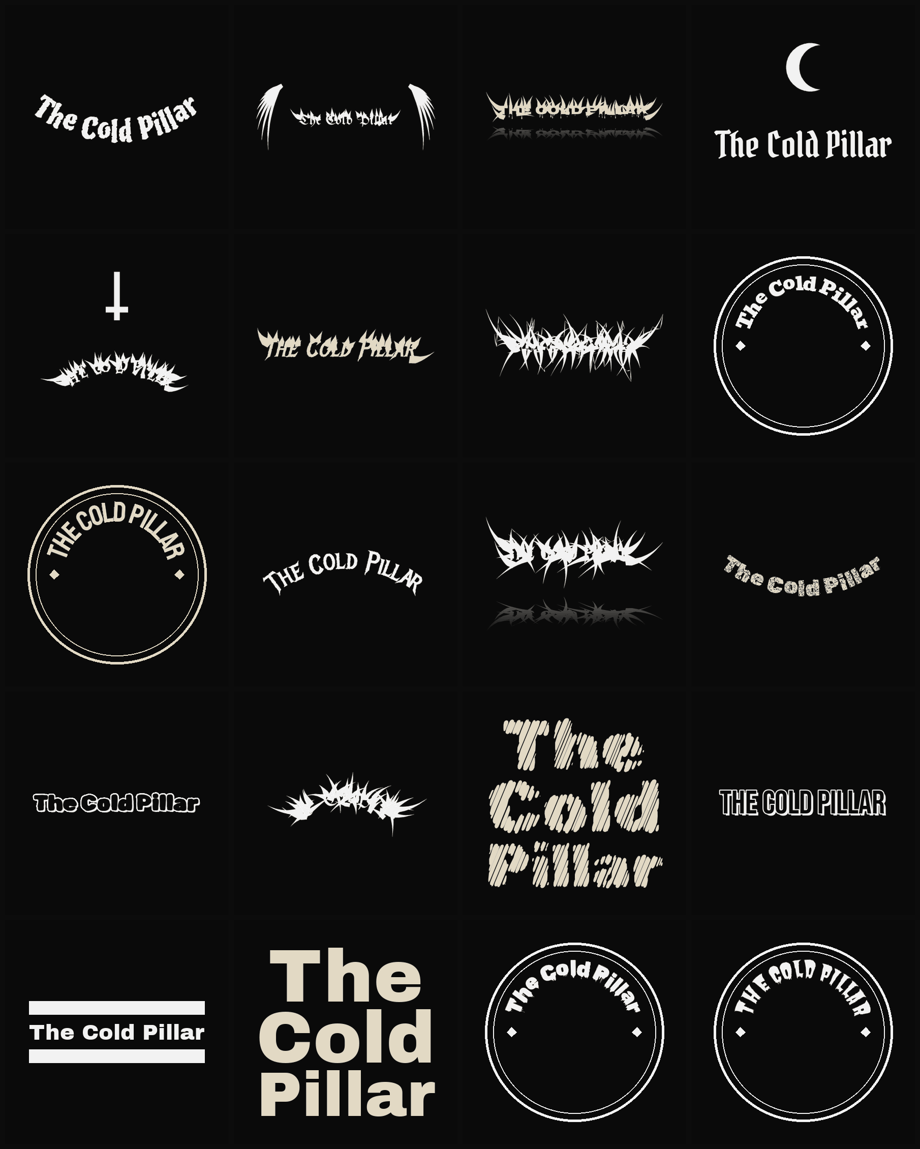 Twenty The Cold Pillar band logo ideas — different faces, treatments and spike settings