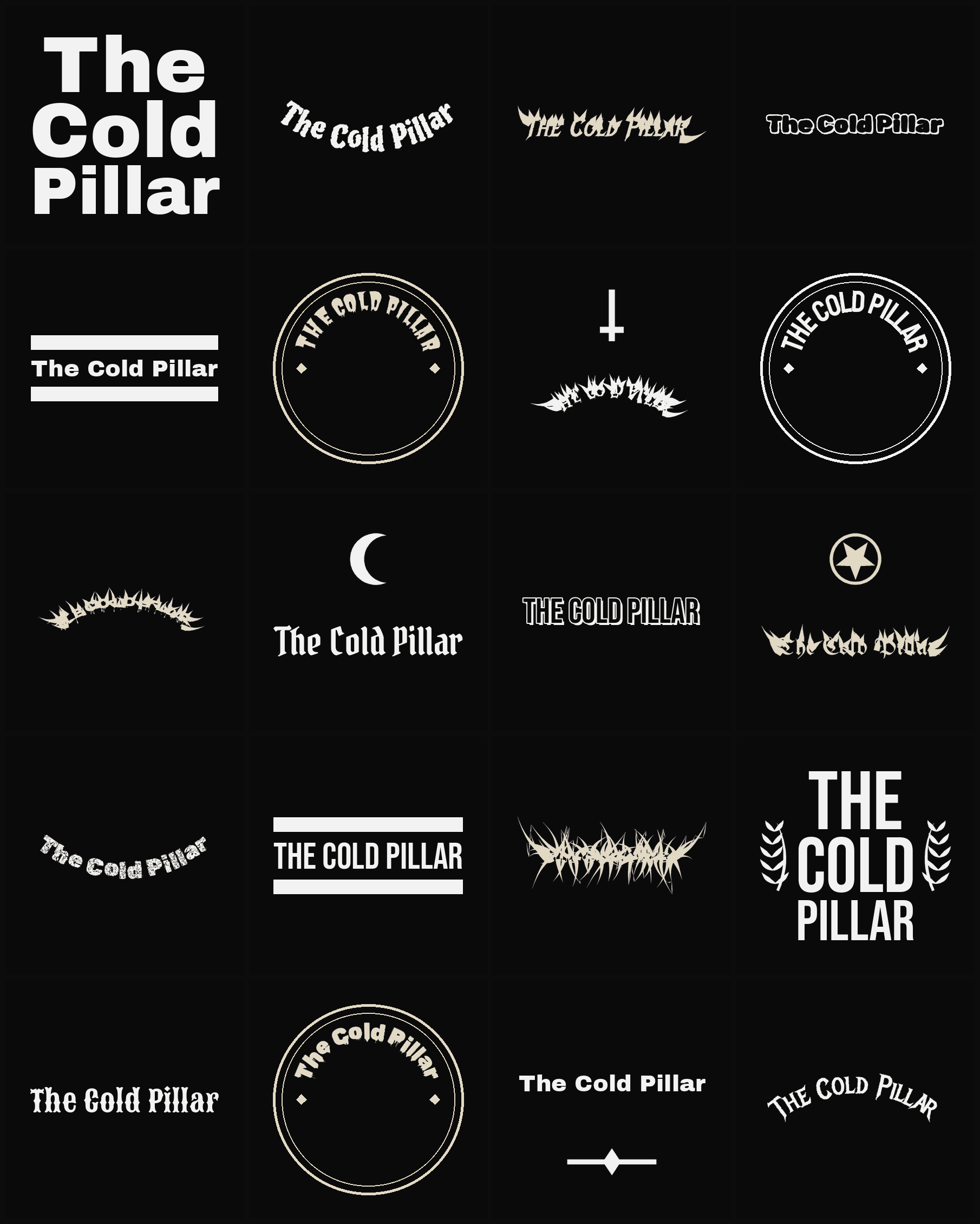 Twenty The Cold Pillar band logo ideas — different faces, treatments and spike settings