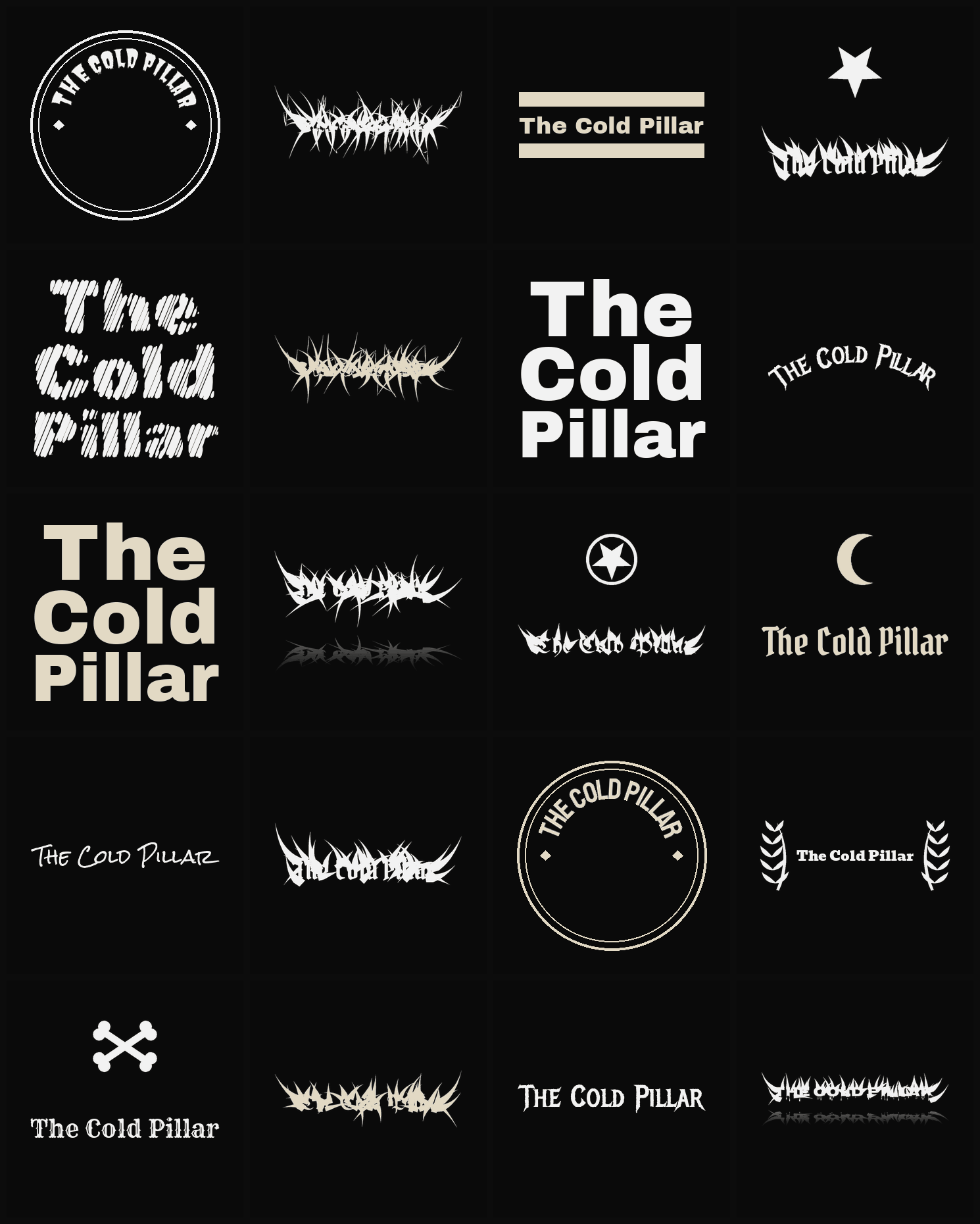Twenty The Cold Pillar band logo ideas — different faces, treatments and spike settings