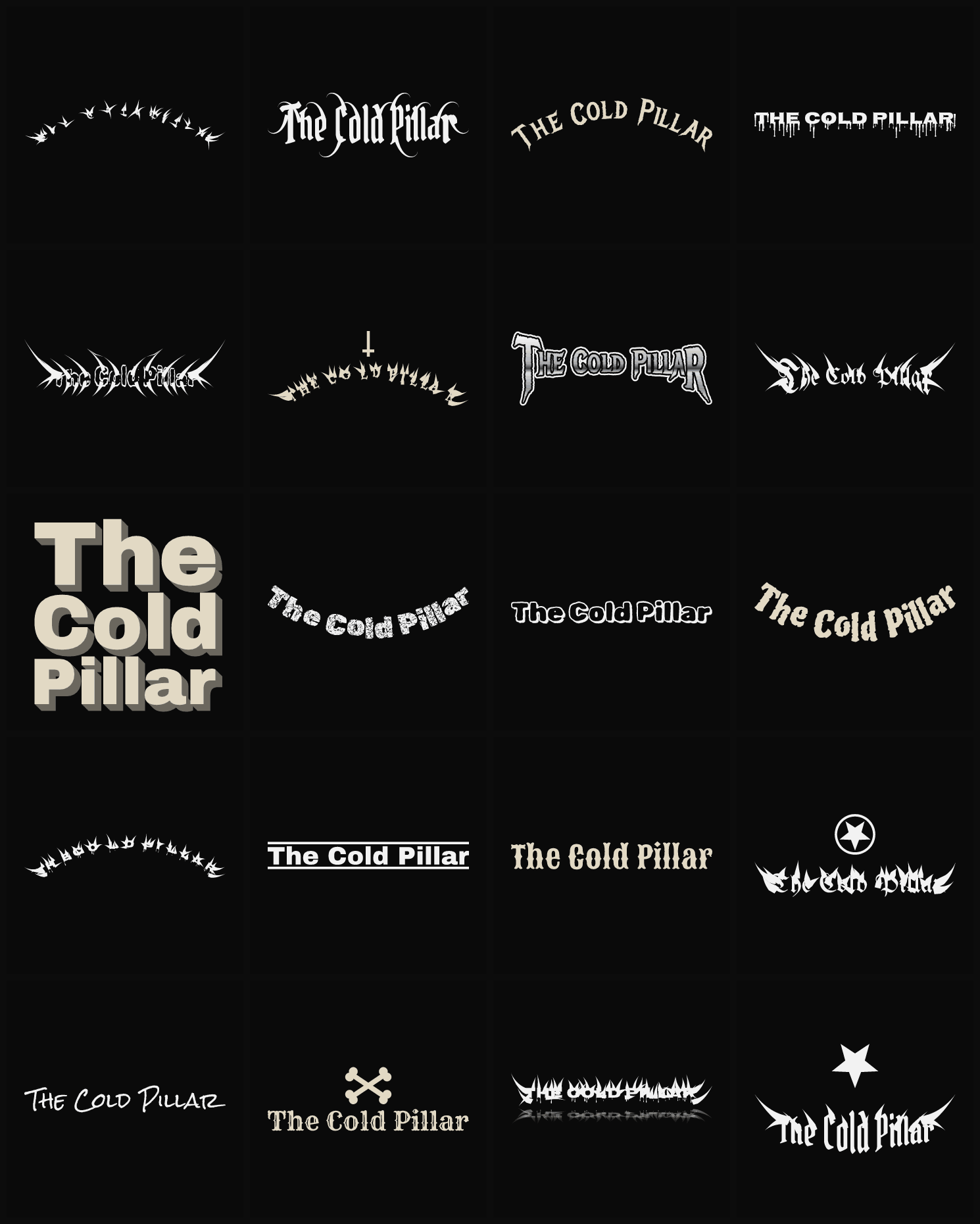Twenty The Cold Pillar band logo ideas — different faces, treatments and spike settings