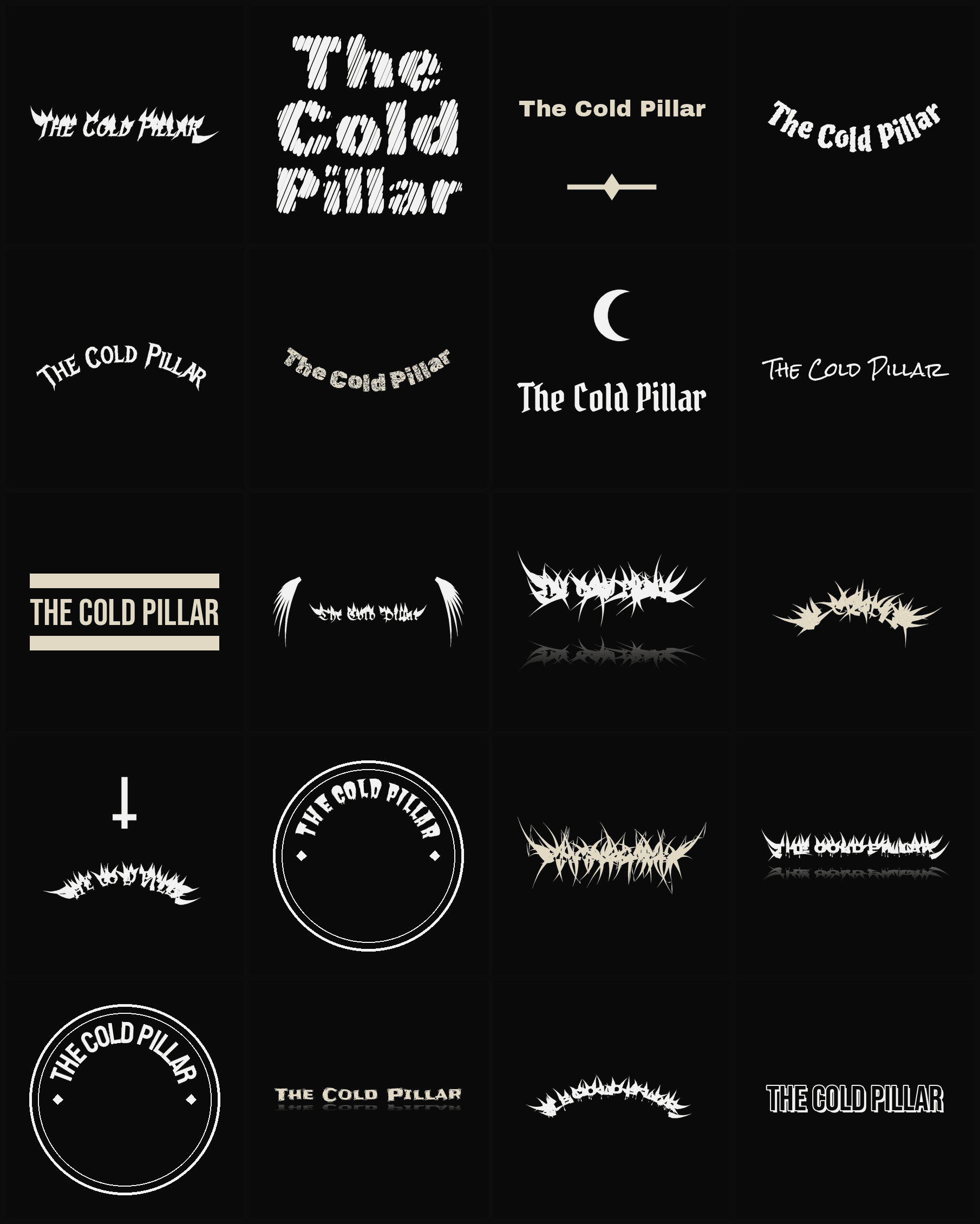 Twenty The Cold Pillar band logo ideas — different faces, treatments and spike settings
