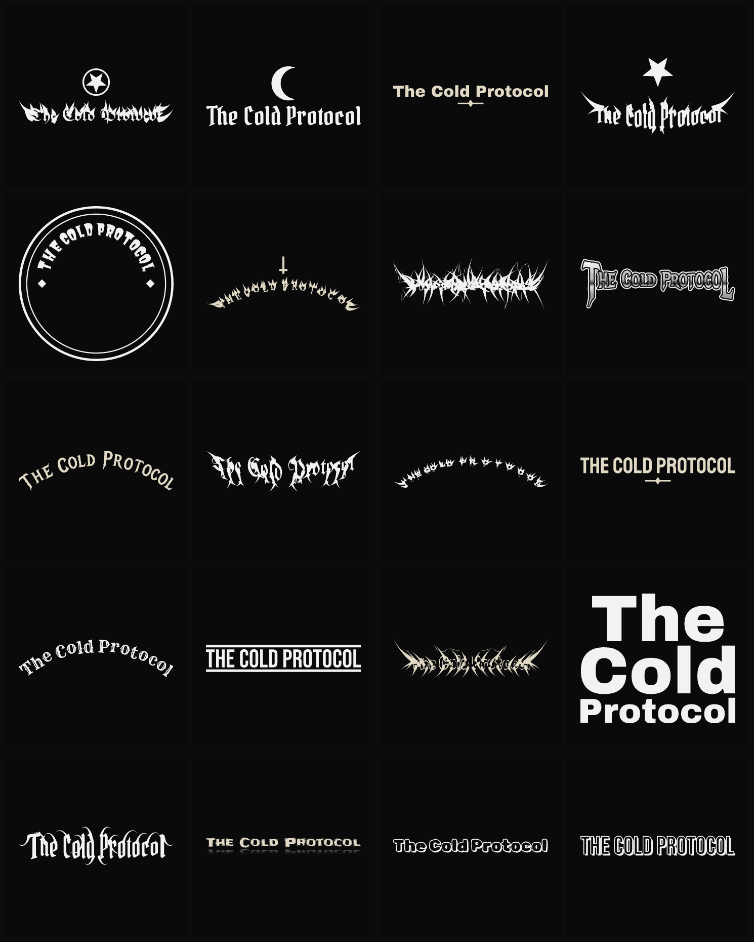 Twenty The Cold Protocol band logo ideas — different faces, treatments and spike settings