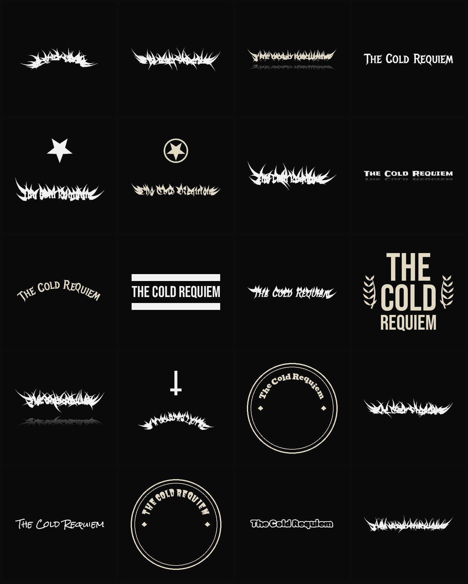 Twenty The Cold Requiem band logo ideas — different faces, treatments and spike settings
