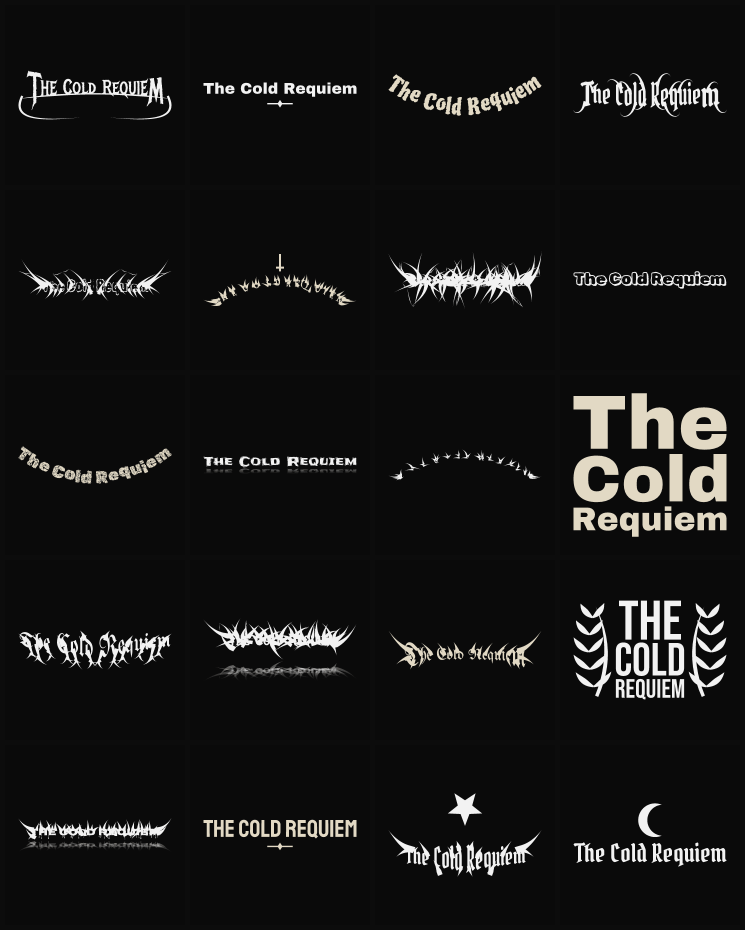 Twenty The Cold Requiem band logo ideas — different faces, treatments and spike settings