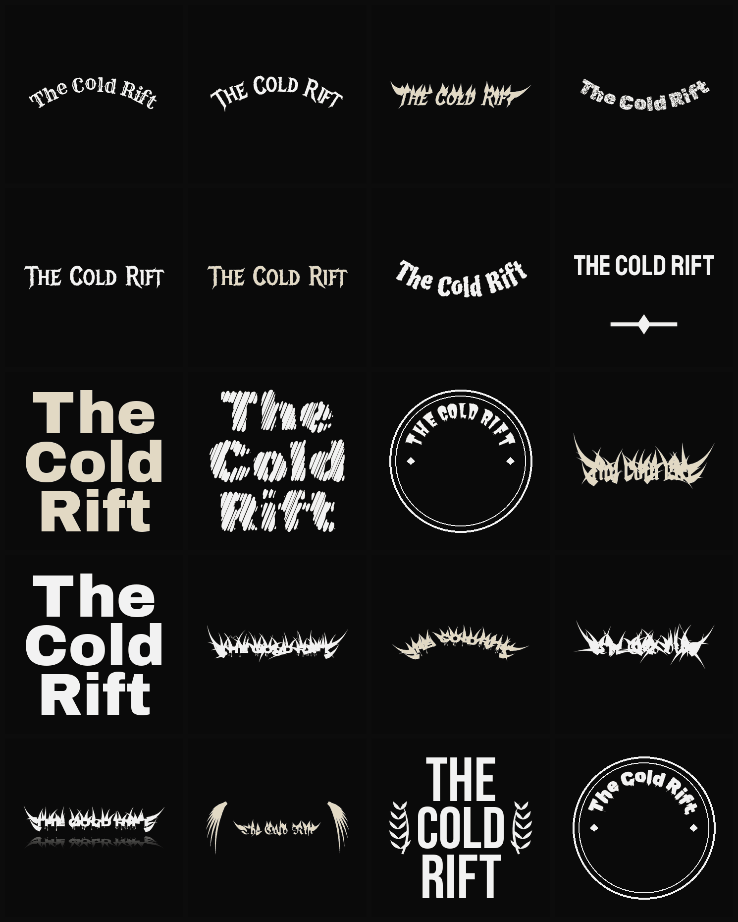 Twenty The Cold Rift band logo ideas — different faces, treatments and spike settings