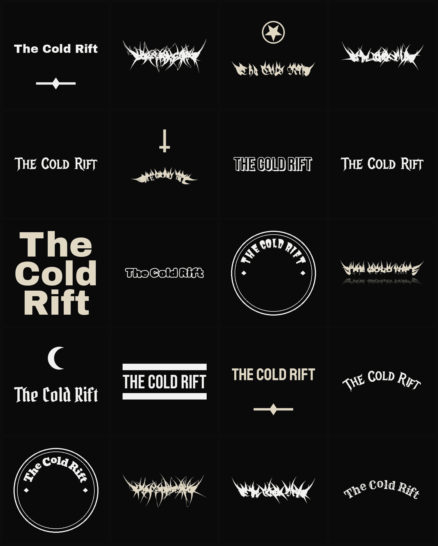 Twenty The Cold Rift band logo ideas — different faces, treatments and spike settings