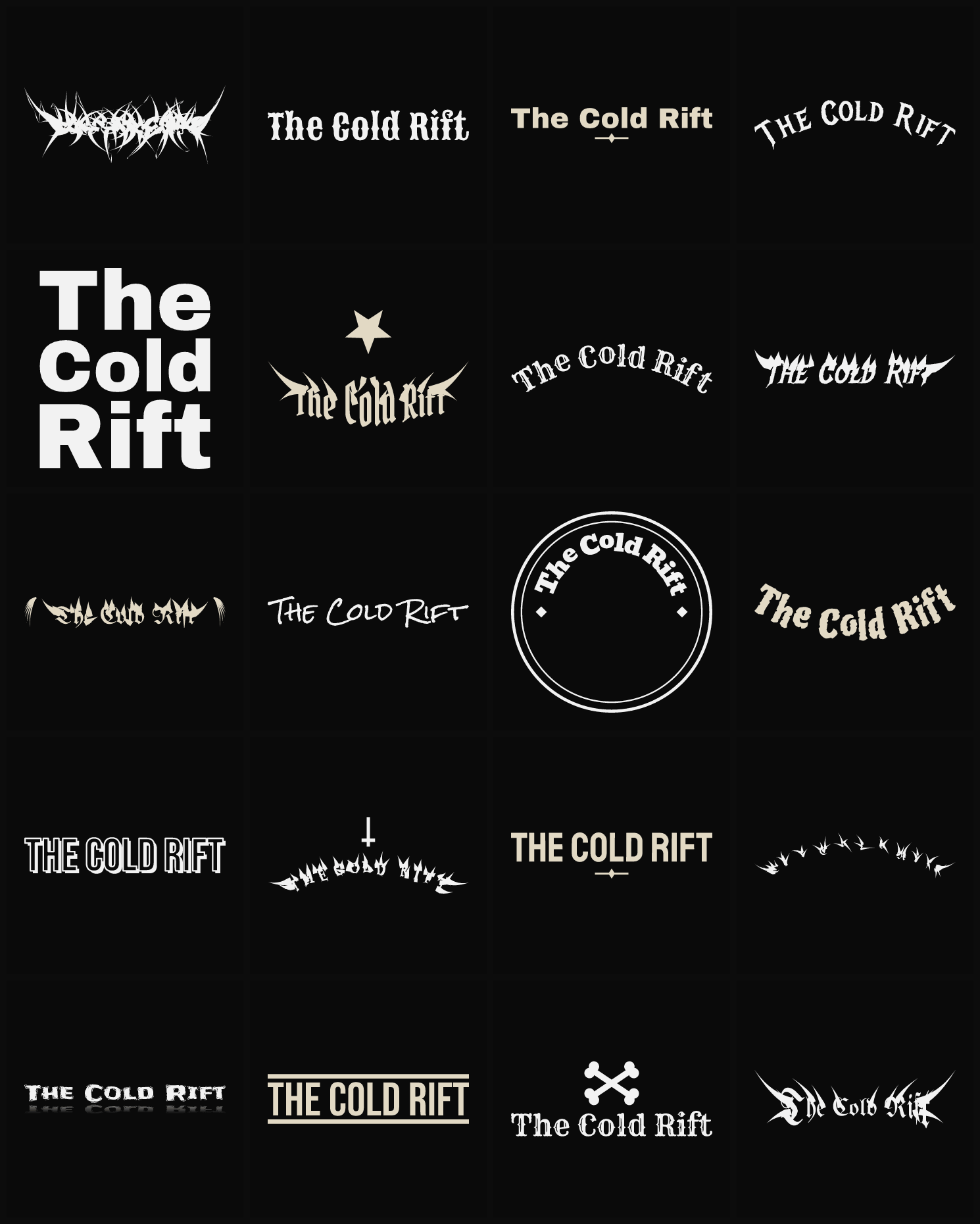 Twenty The Cold Rift band logo ideas — different faces, treatments and spike settings