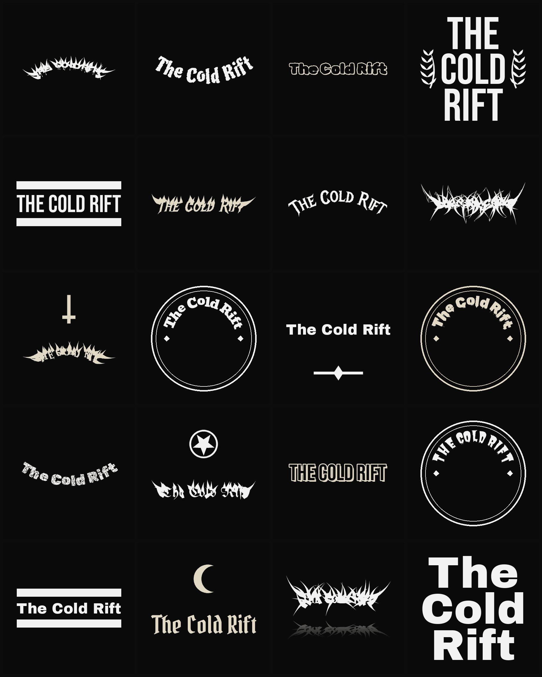 Twenty The Cold Rift band logo ideas — different faces, treatments and spike settings