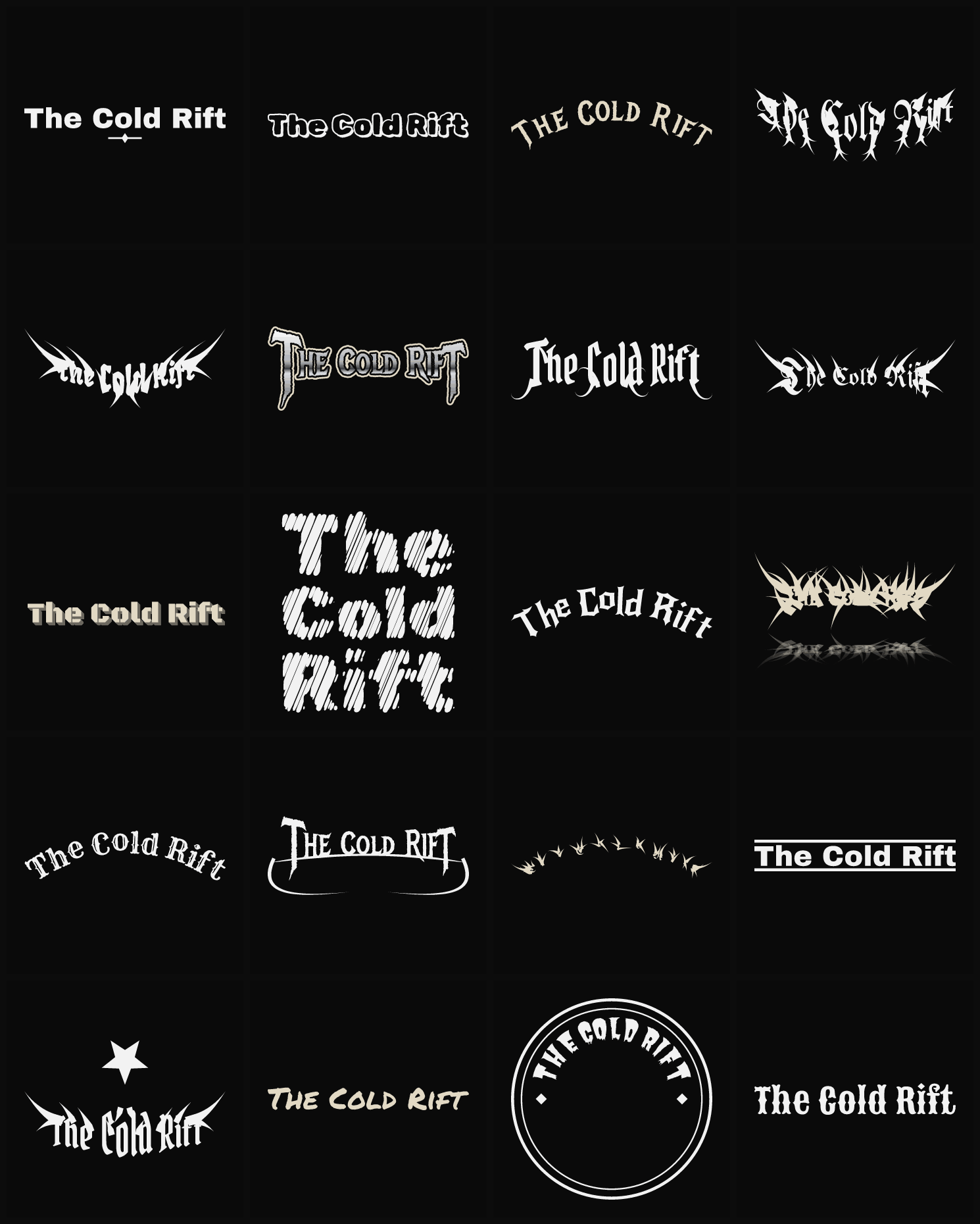 Twenty The Cold Rift band logo ideas — different faces, treatments and spike settings