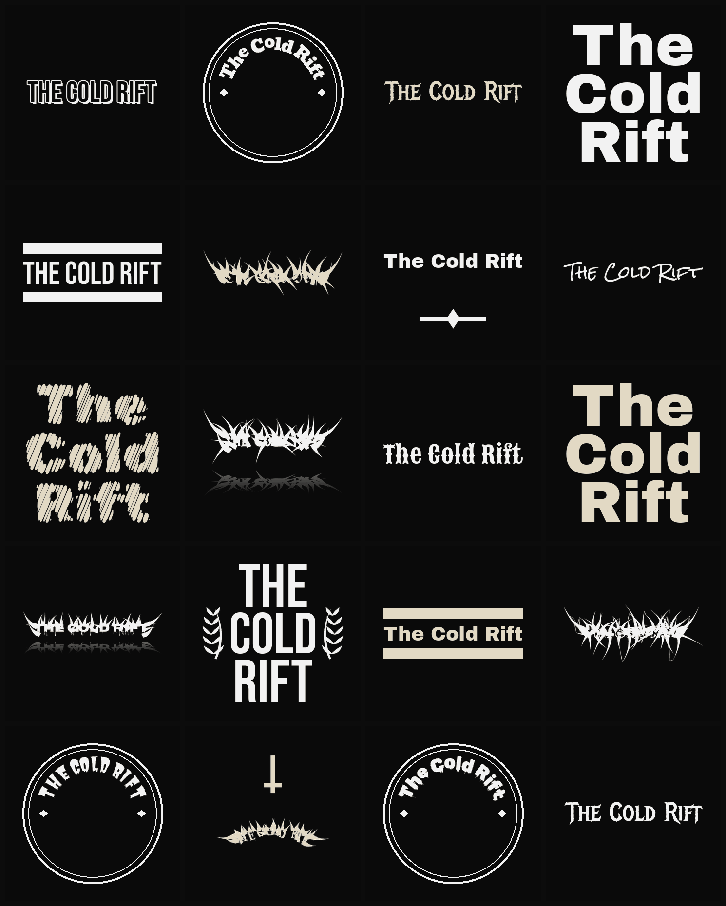 Twenty The Cold Rift band logo ideas — different faces, treatments and spike settings