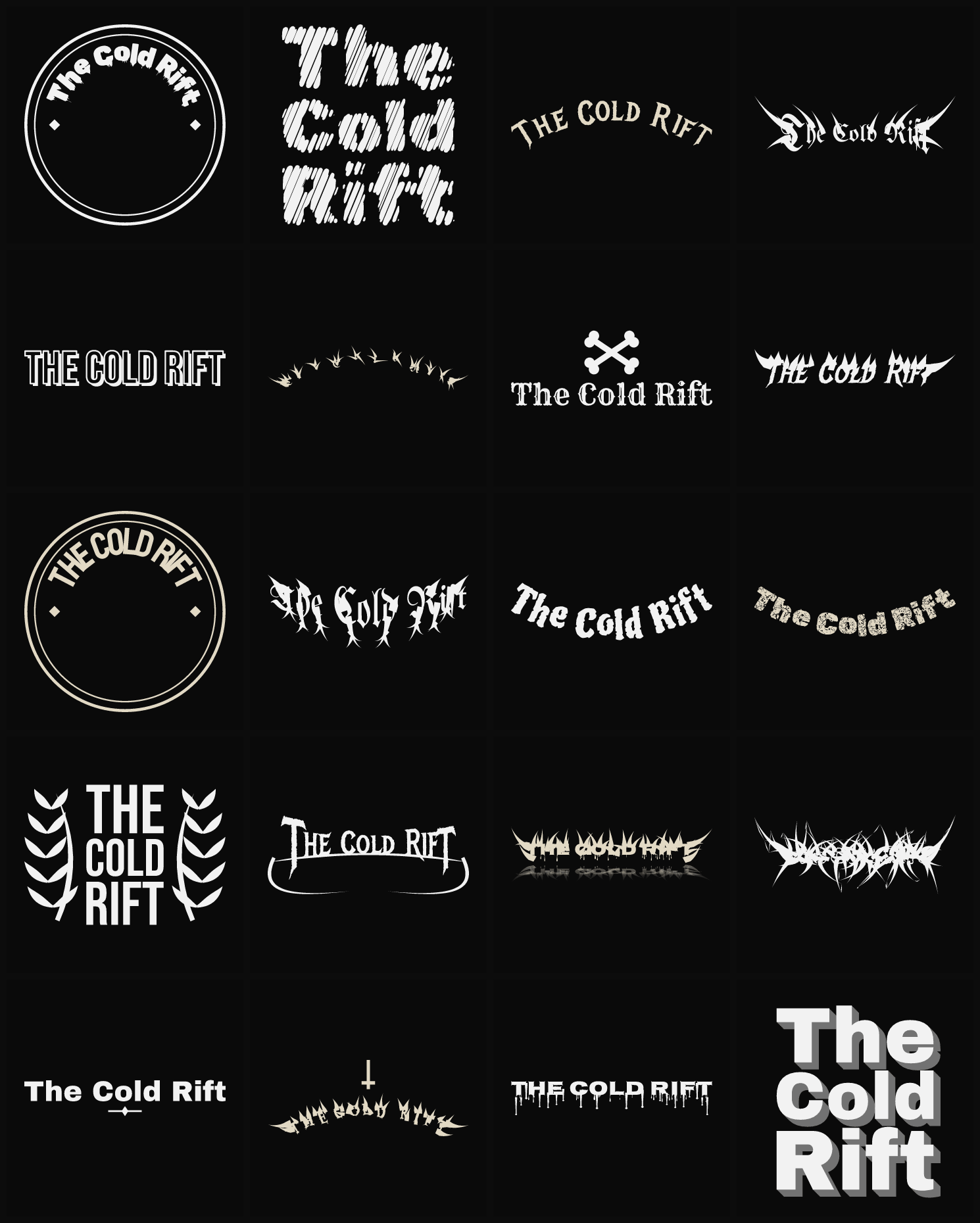 Twenty The Cold Rift band logo ideas — different faces, treatments and spike settings