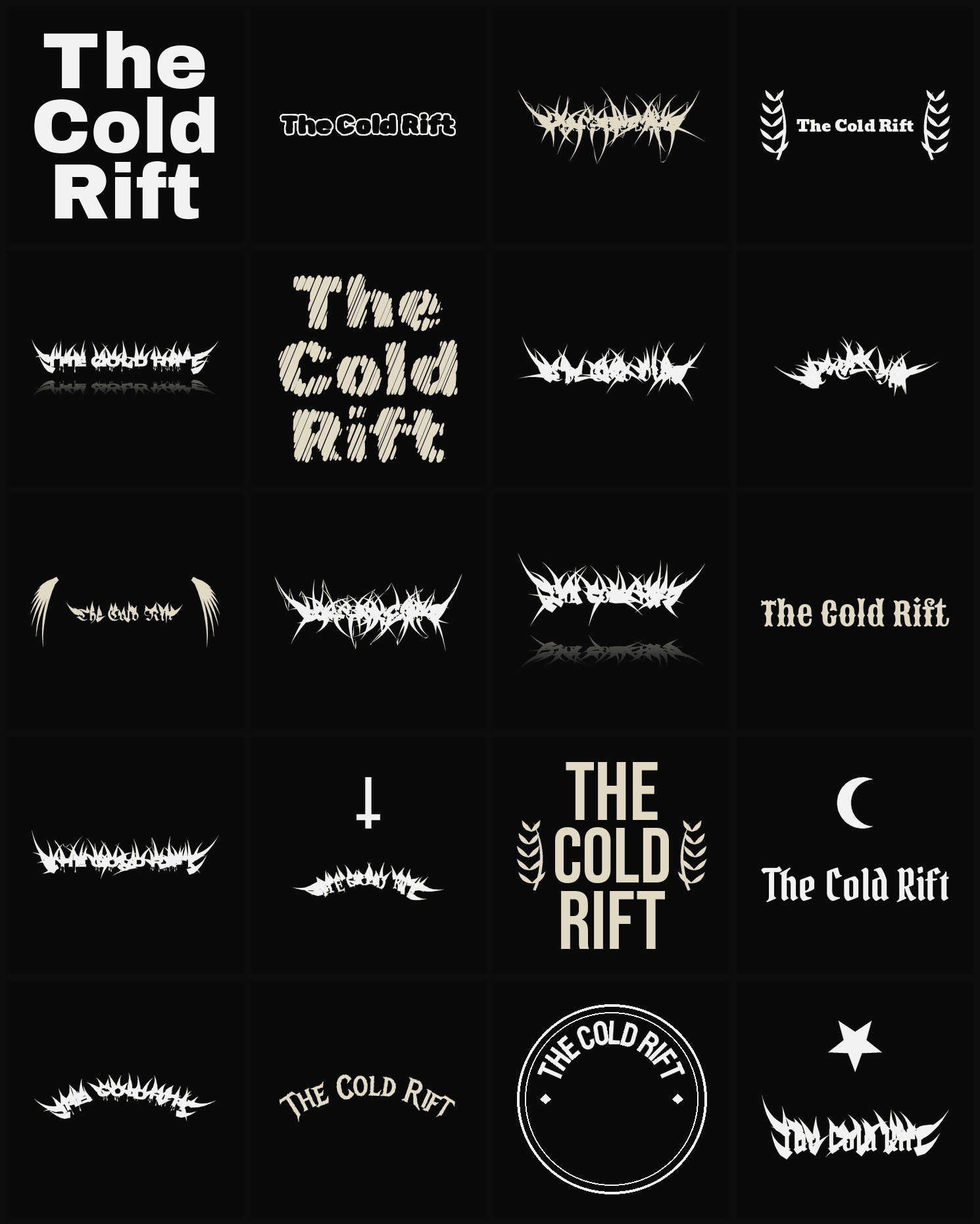 Twenty The Cold Rift band logo ideas — different faces, treatments and spike settings