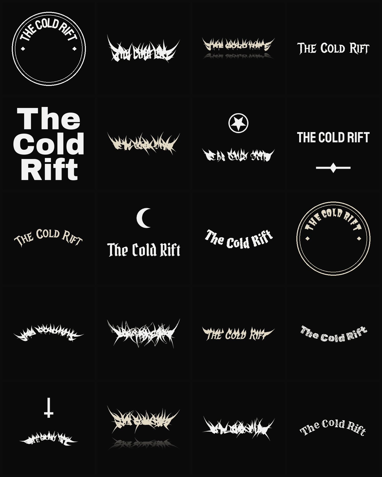 Twenty The Cold Rift band logo ideas — different faces, treatments and spike settings