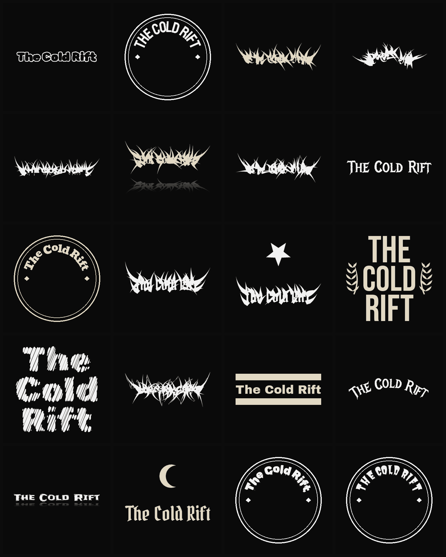 Twenty The Cold Rift band logo ideas — different faces, treatments and spike settings