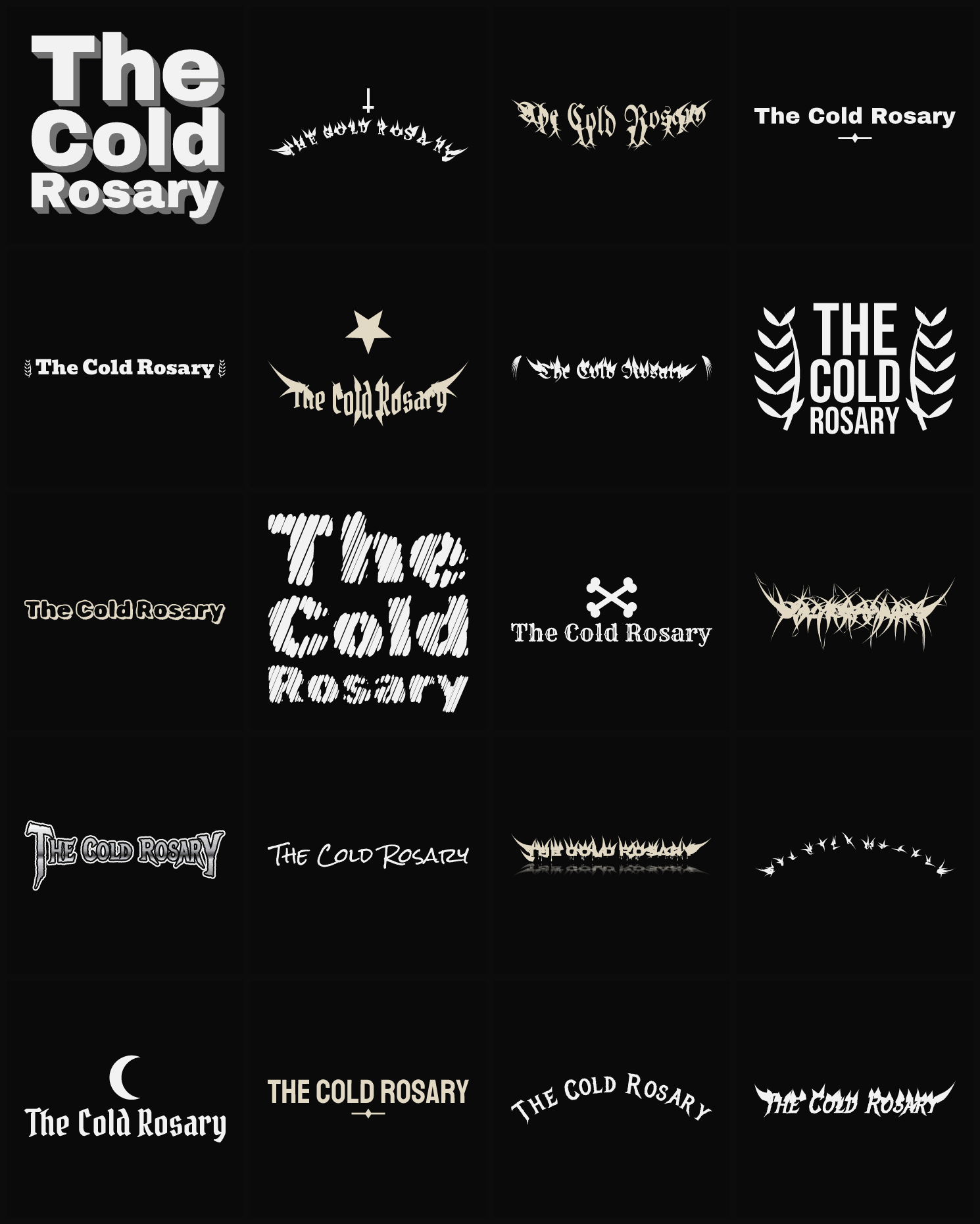 Twenty The Cold Rosary band logo ideas — different faces, treatments and spike settings