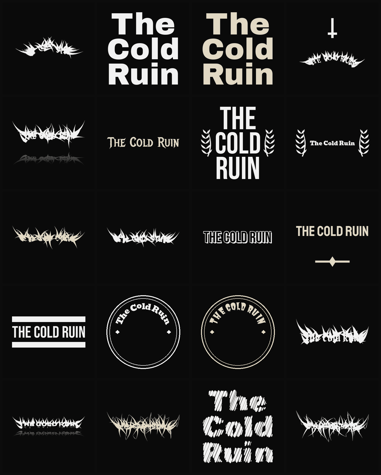 Twenty The Cold Ruin band logo ideas — different faces, treatments and spike settings