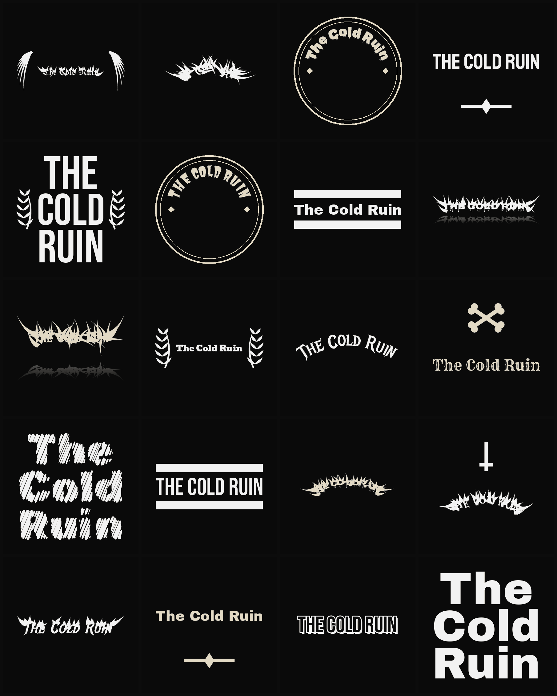 Twenty The Cold Ruin band logo ideas — different faces, treatments and spike settings