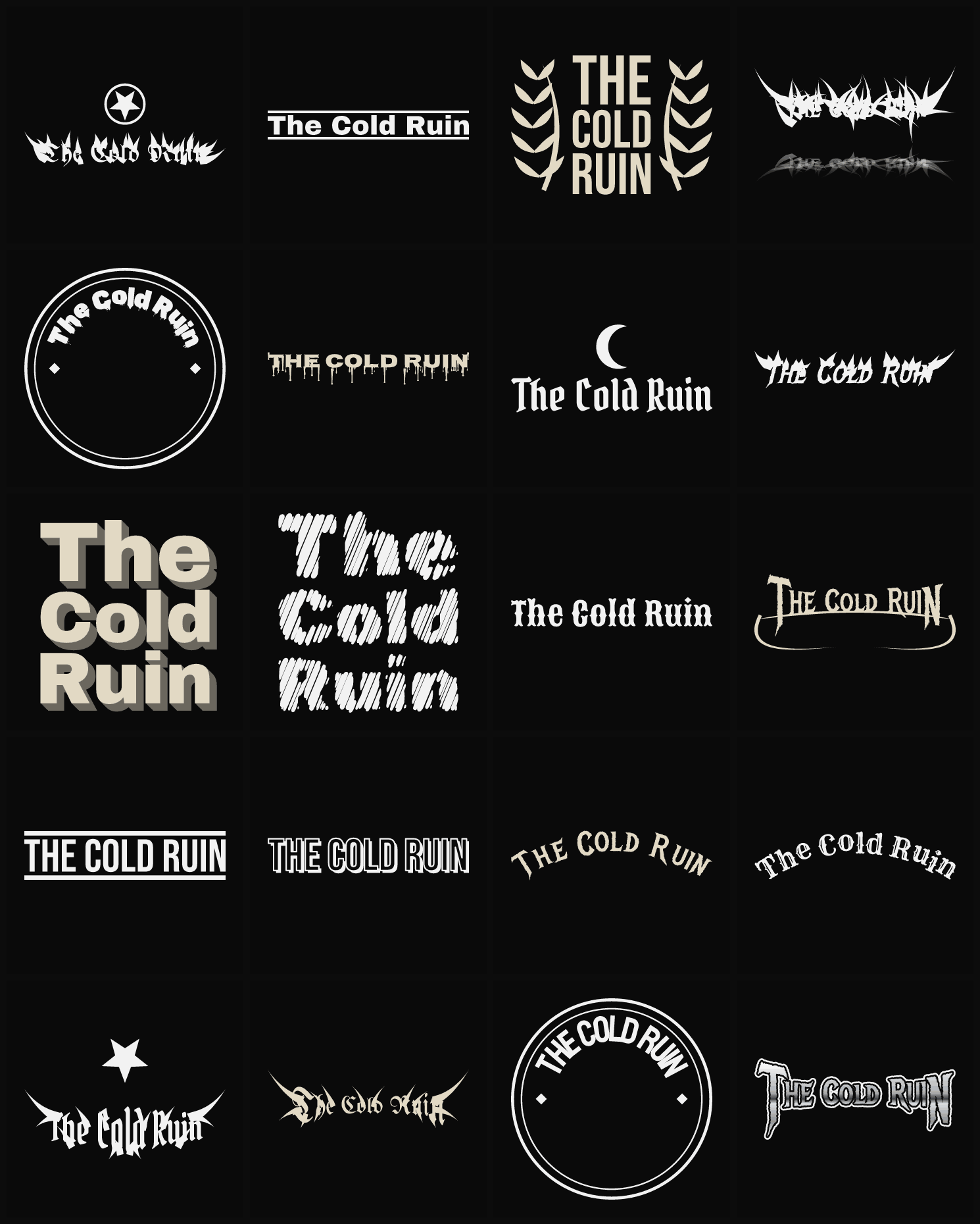 Twenty The Cold Ruin band logo ideas — different faces, treatments and spike settings